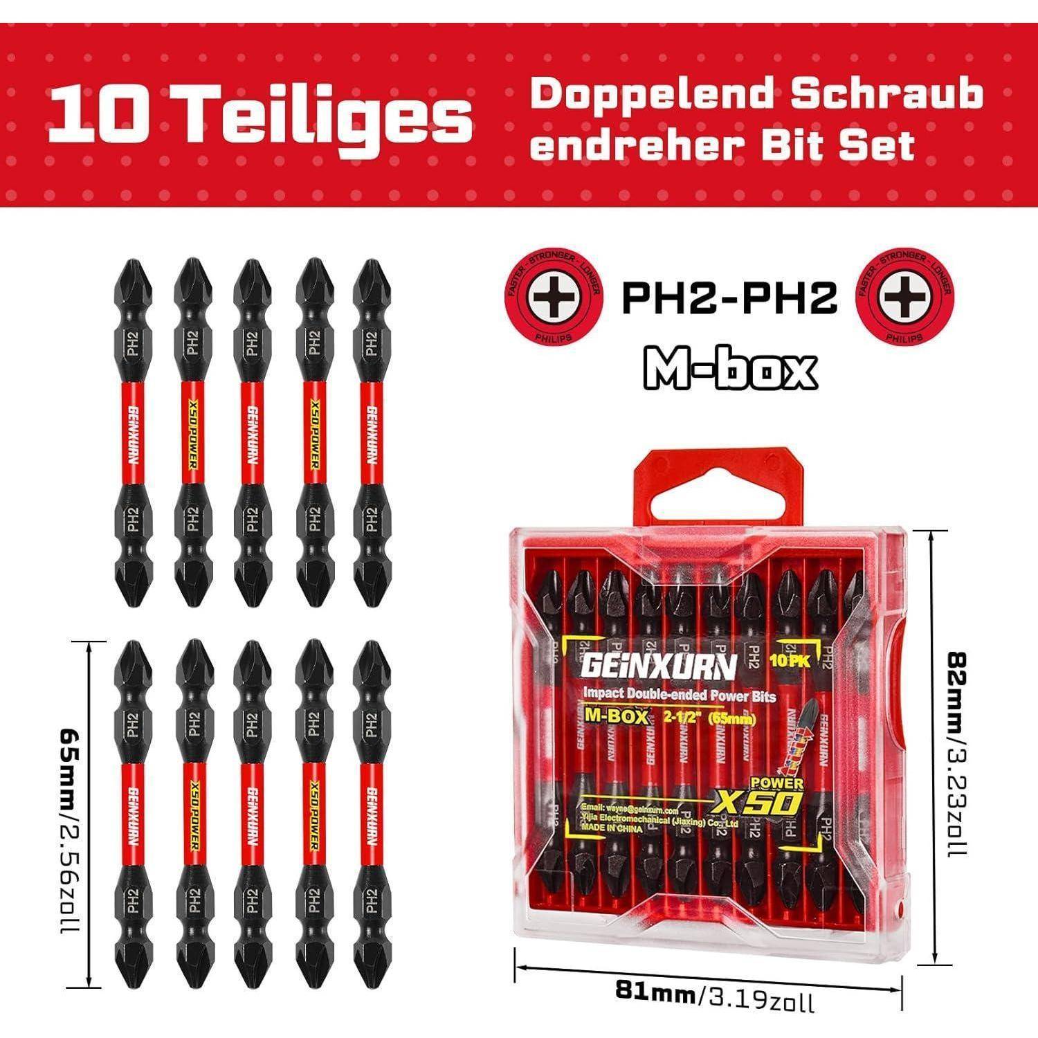 GEINXURN 10-teiliges PH2/PH2 Kreuzschlitz Schlagfest Doppelend Schraubendreher Bit Set, 65mm #2 Phillips Bitsatz, Magnetisch, aus S2-Stahl, mit