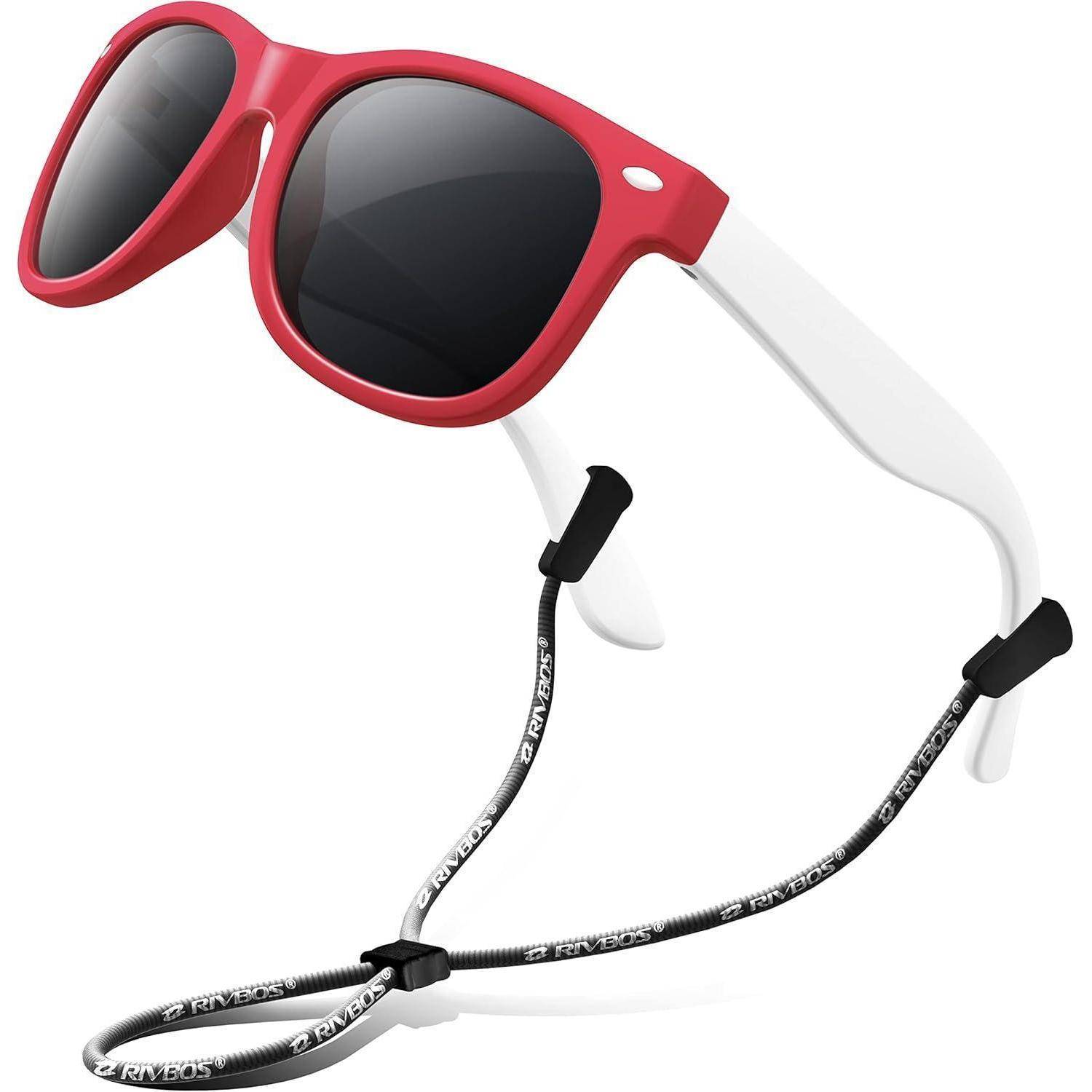 Rot-weiße Sonnenbrille mit schwarzem verstellbarem Nackenriemen auf einfachem weißen Hintergrund.