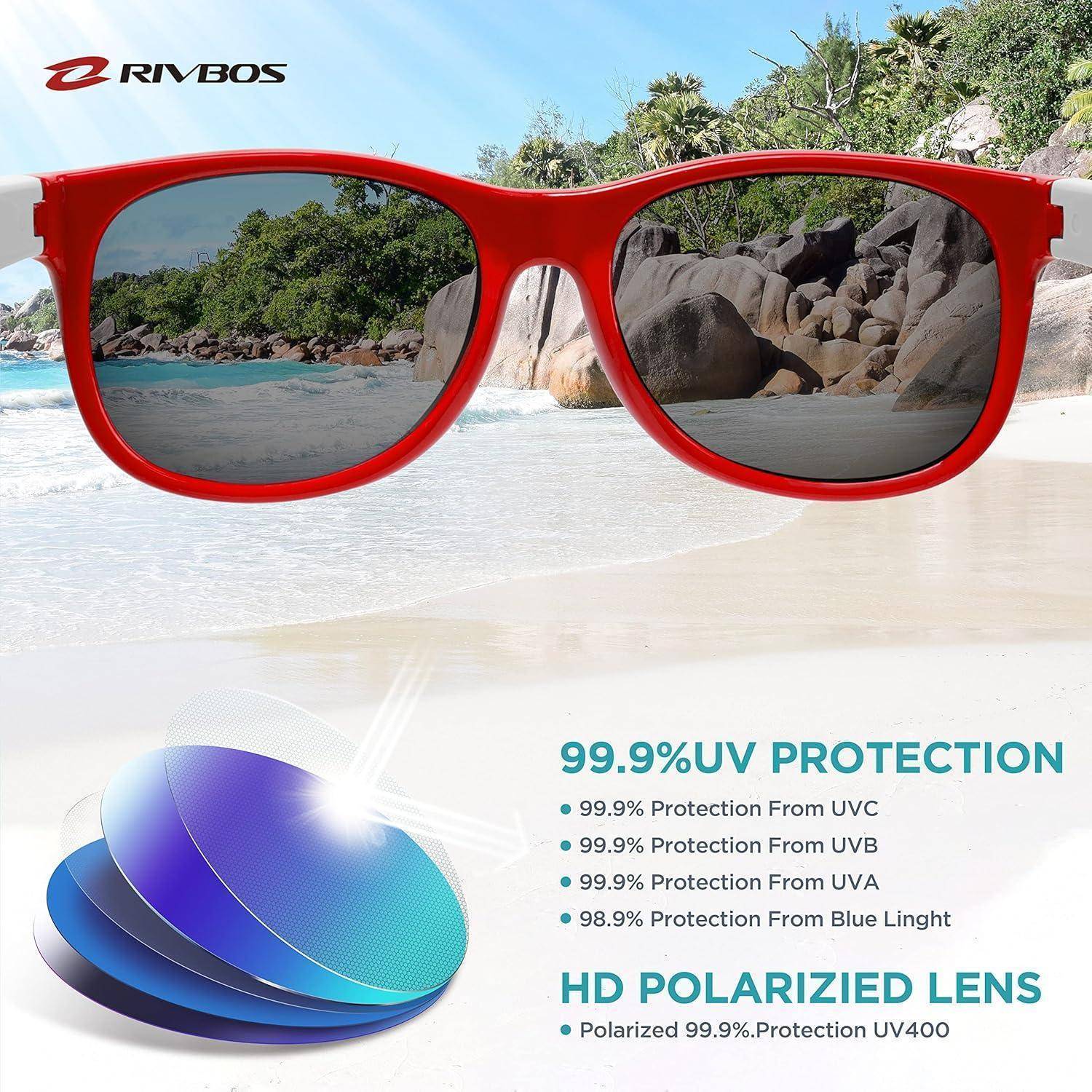 RIVBOS Kinder polarisierte Sonnenbrille mit Riemen Brillengläser Schattierungen für Jungen Mädchen und Kinder RBK004 004-2 Rot Weiß