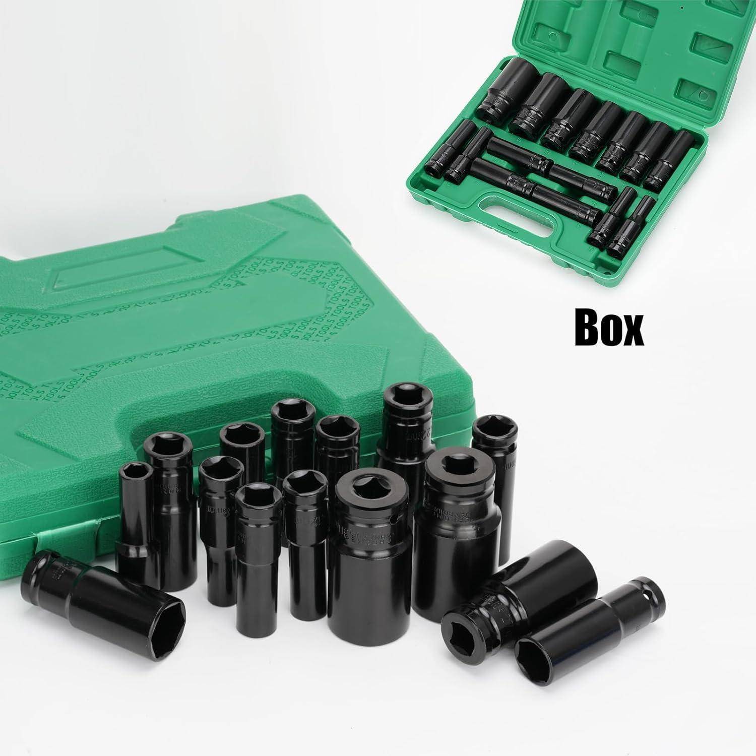 Nutmanel 15tlg 1/2" Schlagschrauber Nüsse Set, 8-32mm 1/2 Zoll Tiefe Sechskant Kraft-Steckschlüssel-Einsatz-Satz, Steckschlüssel Satz Lang Nüsse,