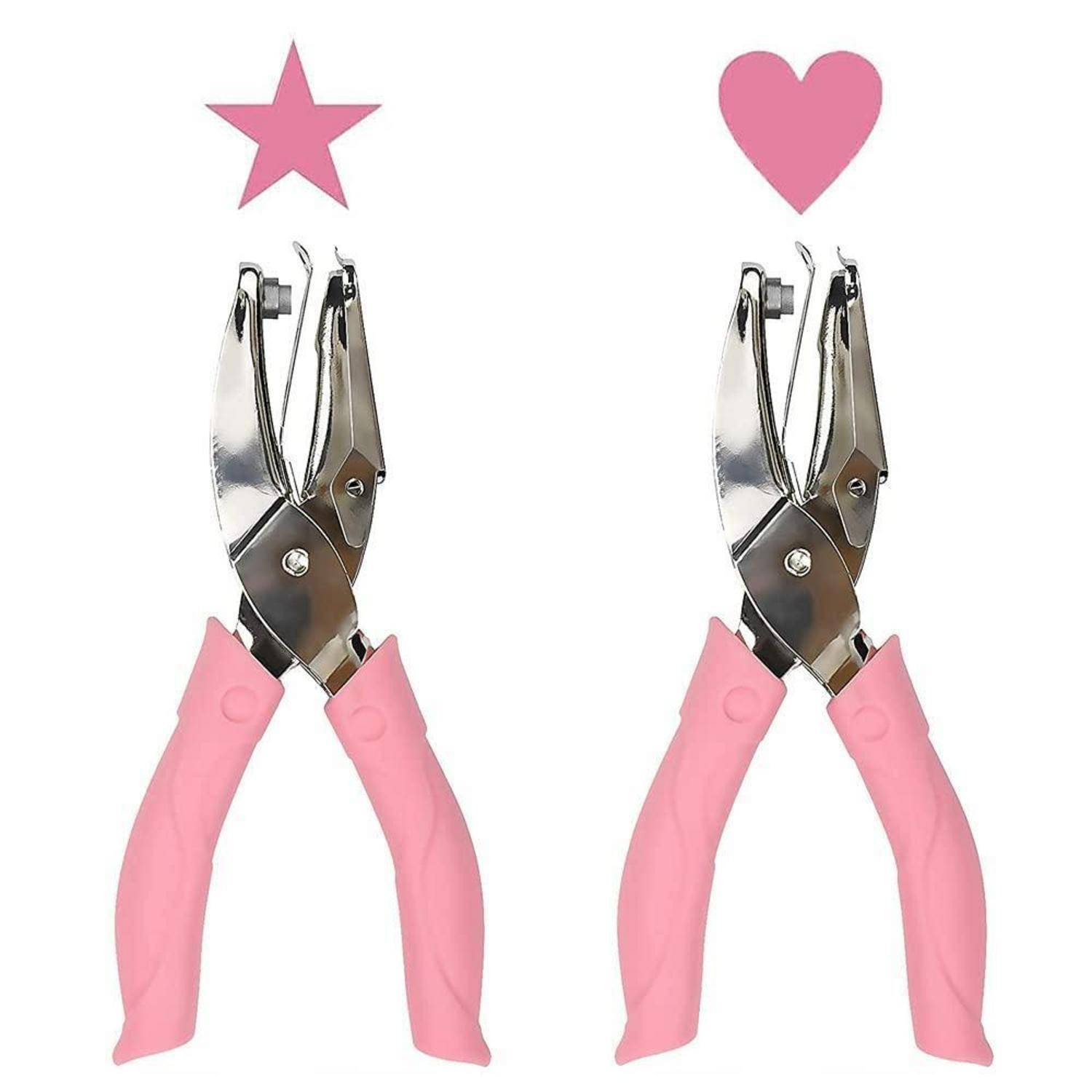 Zwei Locher mit rosa Griffen, nebeneinander angeordnet, einer mit einem Stern gekrönt und der andere mit einem Herzen.