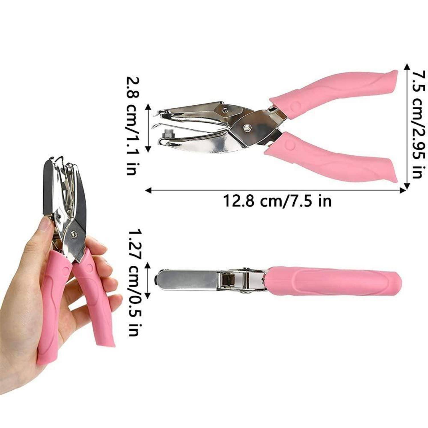 Rosa-griffiger einfach-locher aus seiten- und draufsicht dargestellt mit abmessungen: 12,8 cm lang, 7,5 cm hoch, 2,8 cm breit, 1,27 cm dick.