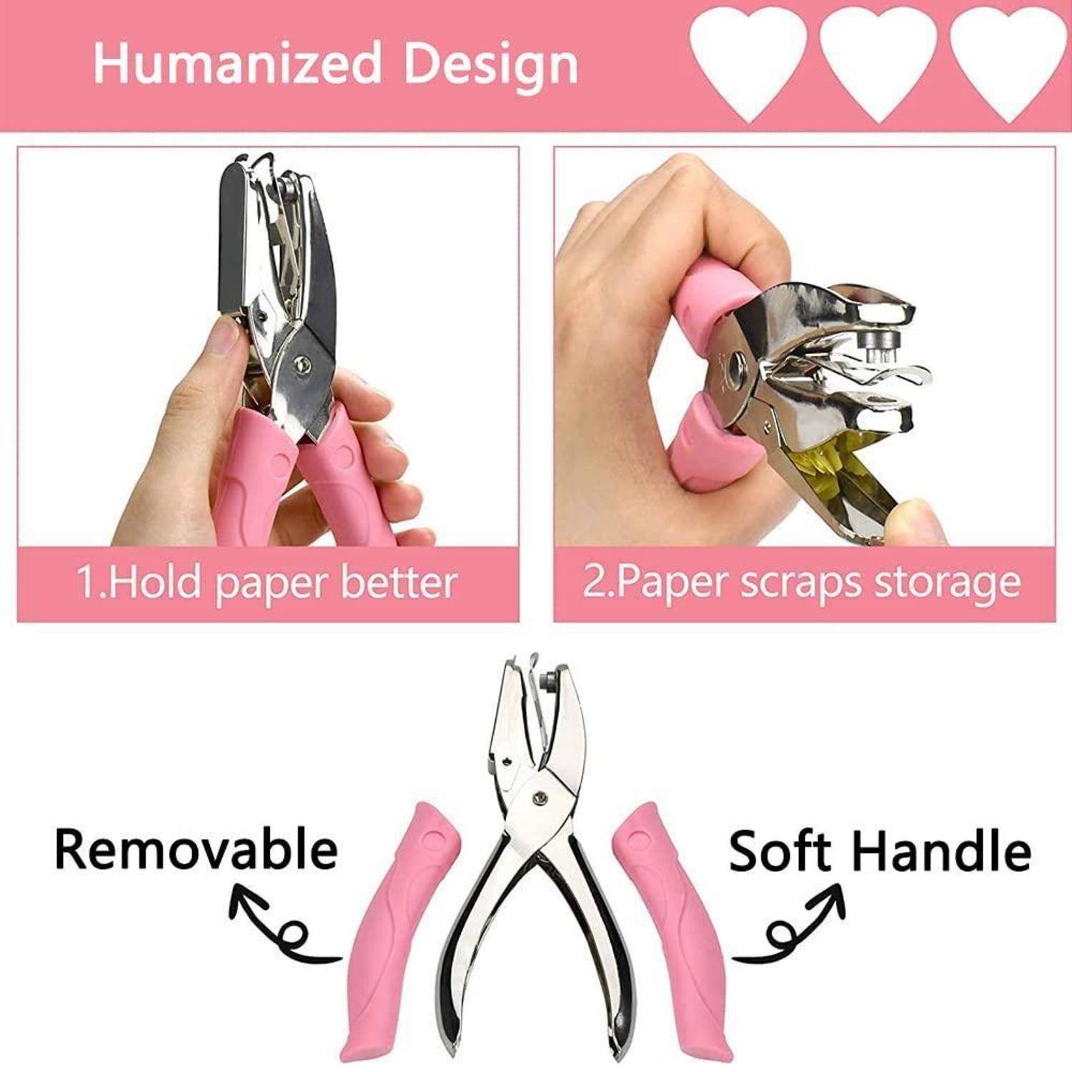 Locher mit rosa Griffen wird in Gebrauch gezeigt und mit abnehmbaren weichen Griffen; gekennzeichnet mit „Papier besser halten" und „Papierschnitzel-Lagerung"" unter „Humanisiertes Design"".