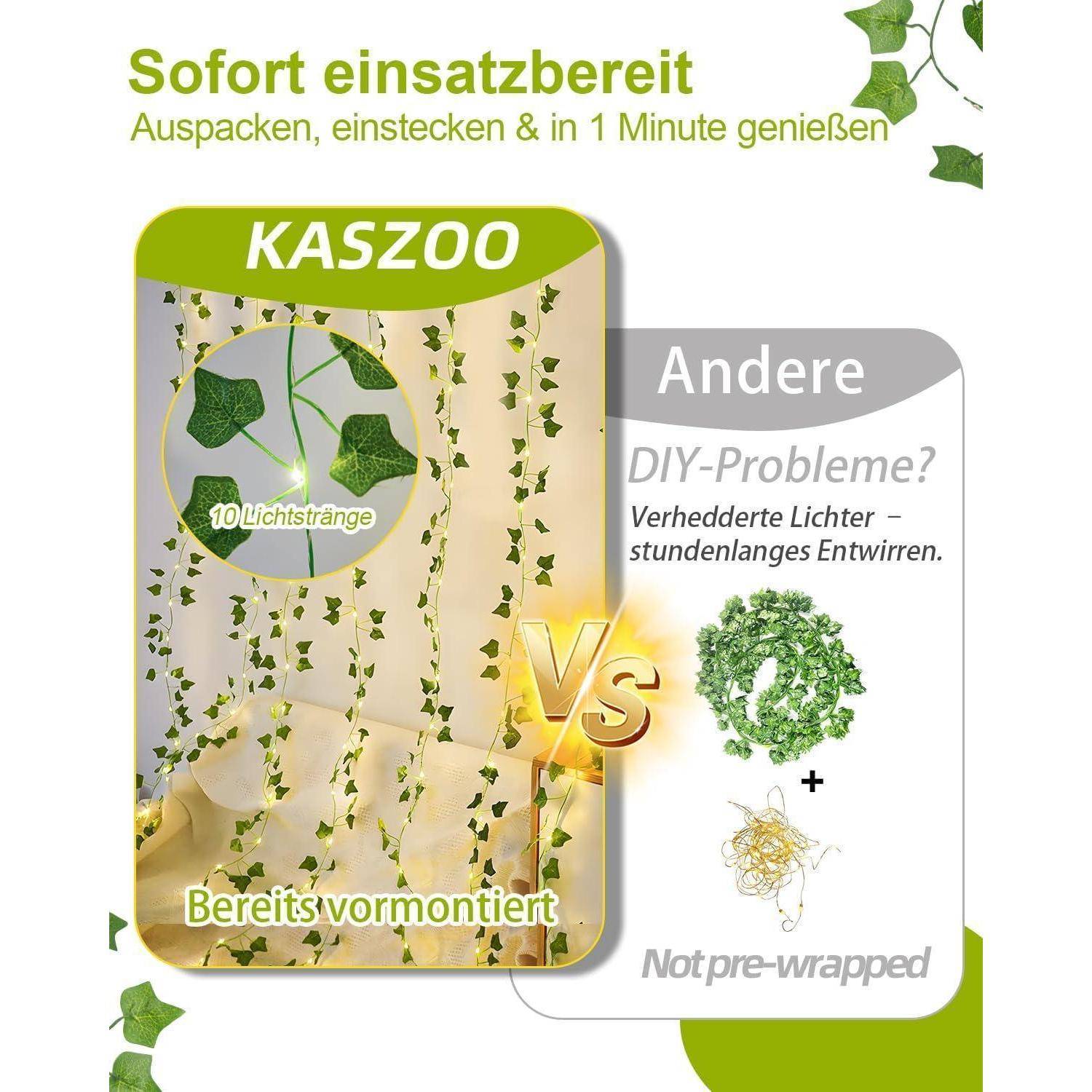 KASZOO 10 Stück Efeu Lichterkette – Efeu Vorhang Lichterkette 2×2 m mit 200 LEDs Warmweiß, 8 Modi, USB & Batteriebetrieben mit Timer, Efeu künst