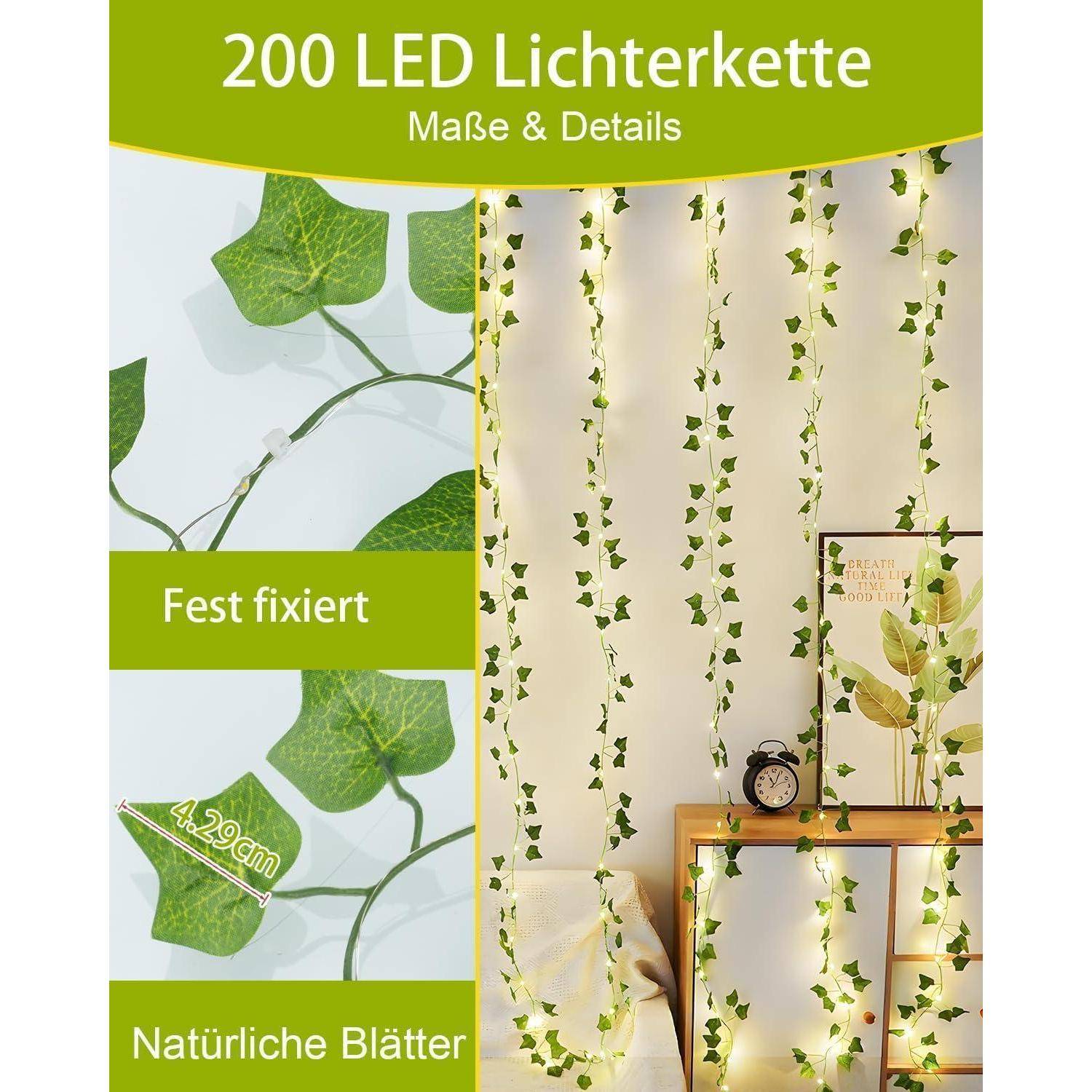 KASZOO 10 Stück Efeu Lichterkette – Efeu Vorhang Lichterkette 2×2 m mit 200 LEDs Warmweiß, 8 Modi, USB & Batteriebetrieben mit Timer, Efeu künst