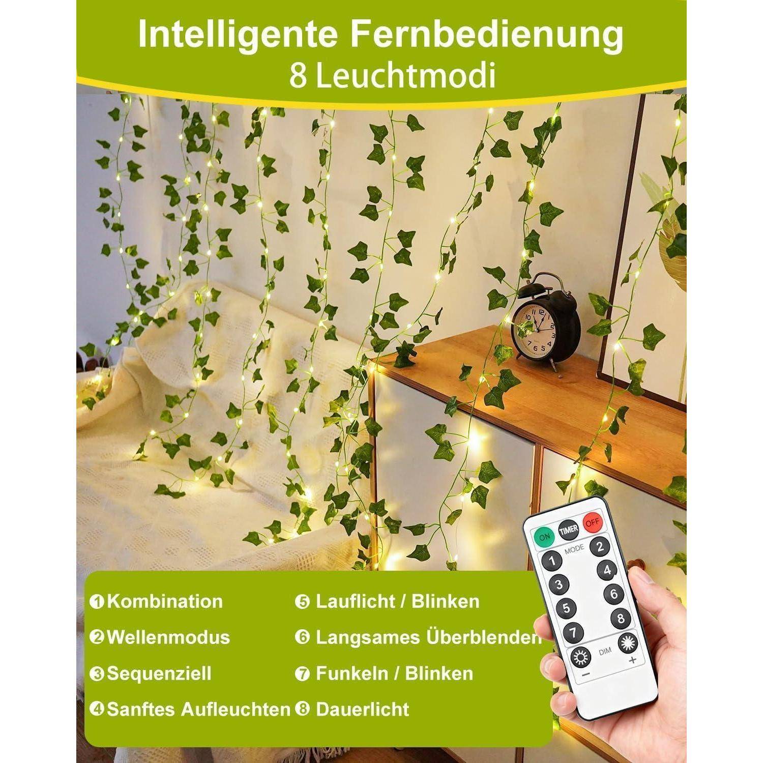 KASZOO 10 Stück Efeu Lichterkette – Efeu Vorhang Lichterkette 2×2 m mit 200 LEDs Warmweiß, 8 Modi, USB & Batteriebetrieben mit Timer, Efeu künst