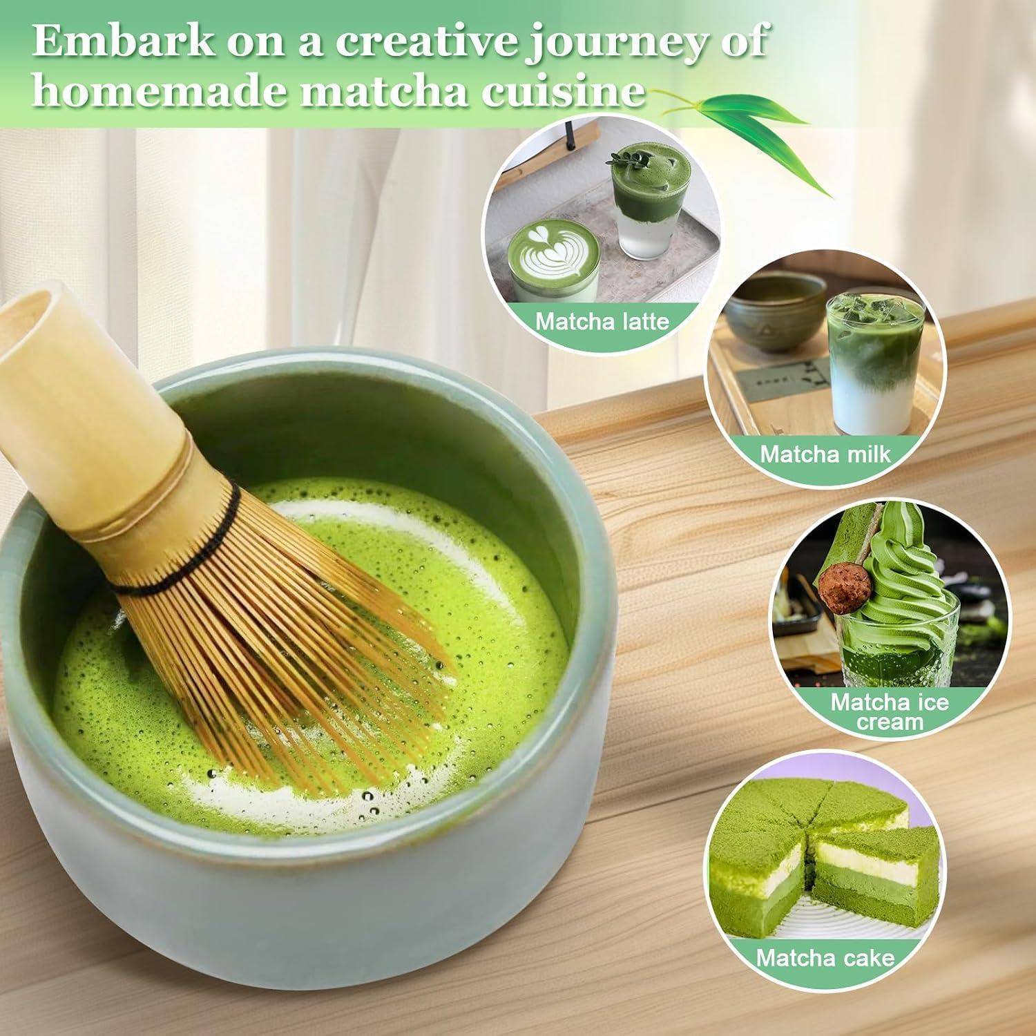 Werbebild einer Matcha-Schale, die gerührt wird, mit kleinen Beispielen für Matcha-Latte, Matcha-Milch, Matcha-Eiscreme und Matcha-Kuchen.