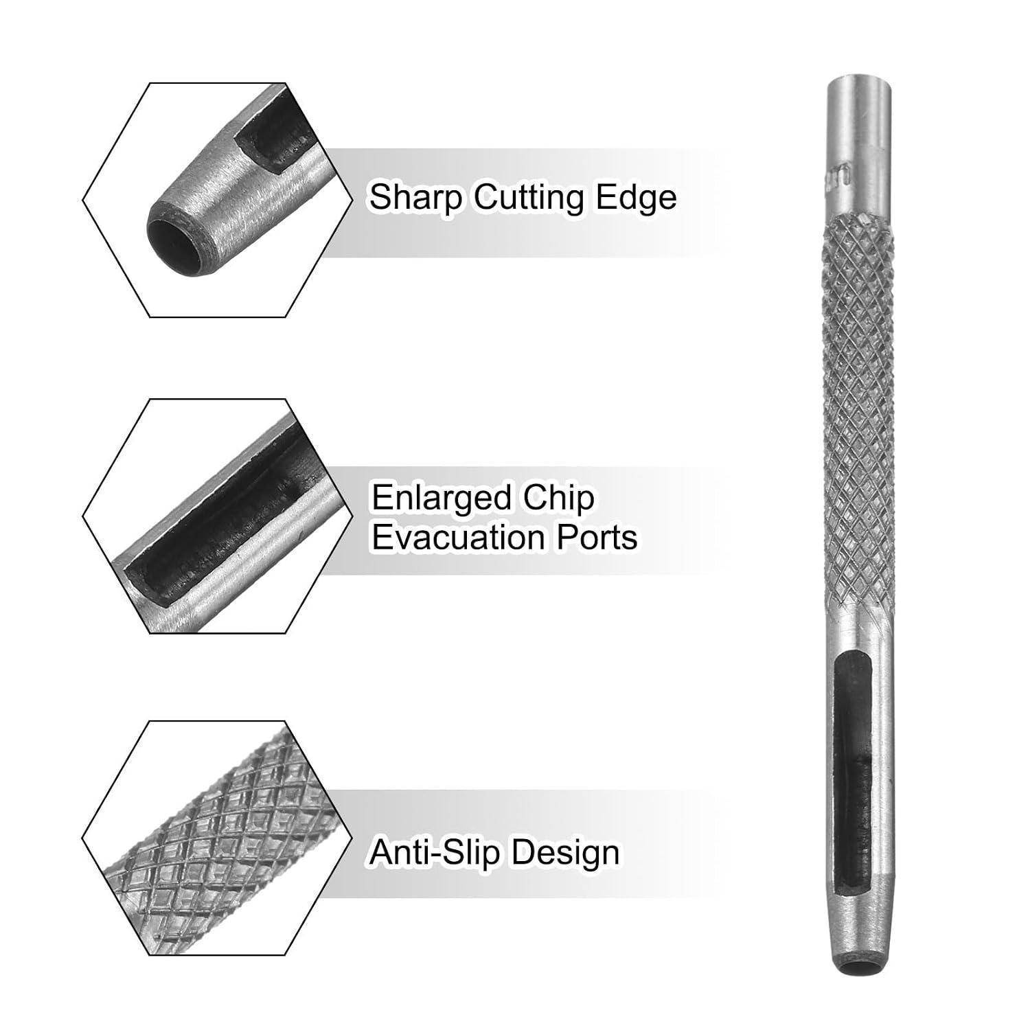 Diagramm eines gerillten Metallwerkzeugs mit scharfer Schneidkante, vergrößerten Spanabfuhröffnungen und rutschfestem Design.