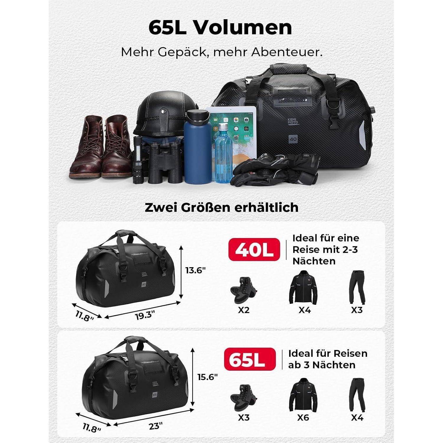 KEMIMOTO Motorrad Hecktasche 40L, IPX6 wasserdichte Motorradtasche Gepäckrolle mit Schnellverschlussgurten, Große Kapazität &amp; Mehrere Fächer, Idea