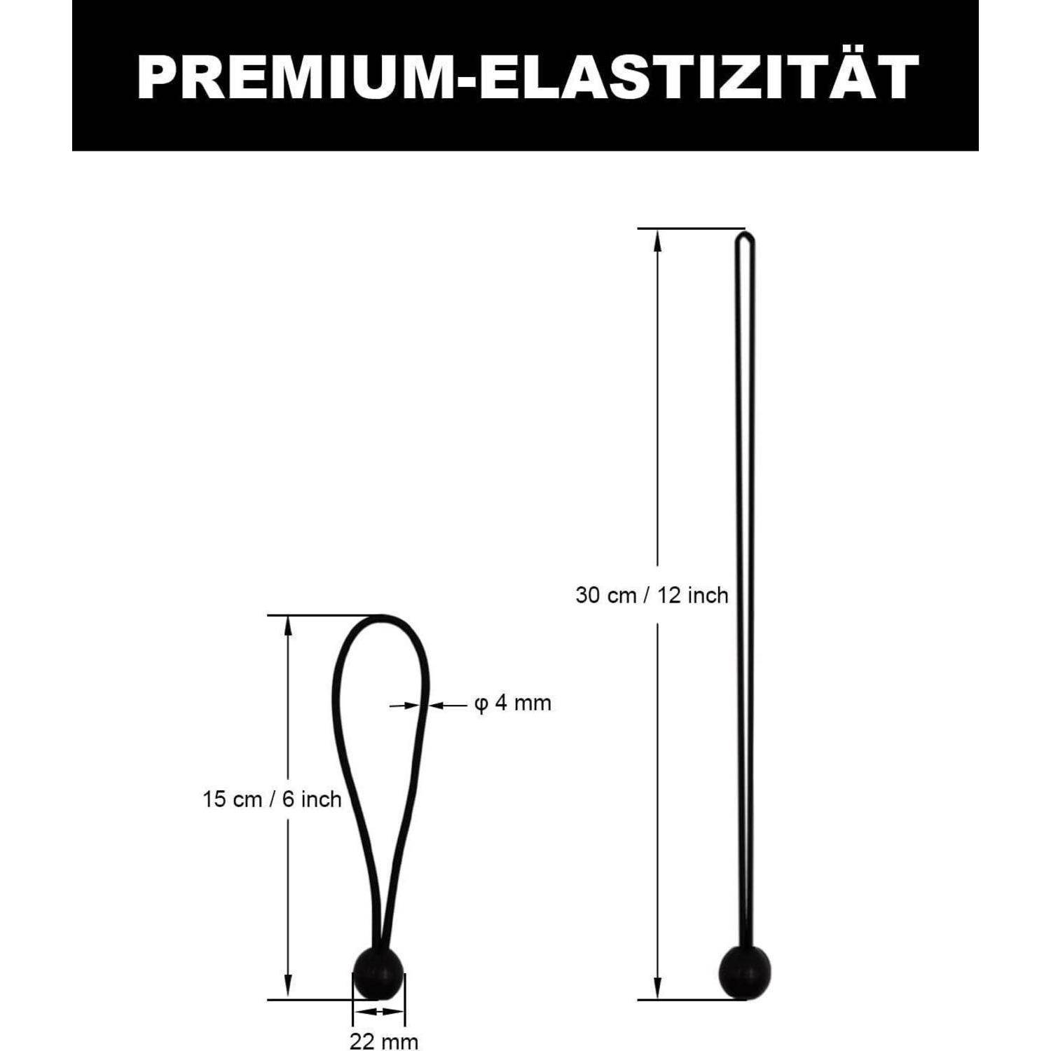Diagramm eines hochwertigen elastischen Seils mit zwei Längen: 15 cm Schlaufe mit 4 mm Dicke und 30 cm gerades Seil mit einem 22 mm Kugelende.