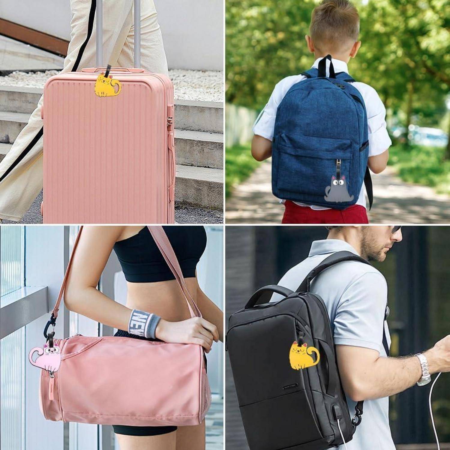 Collage aus rosa, blau, rosa Reisetaschen und schwarzen Taschen mit kleinen gelben katzenbügelcharms, die an reißverschlüssen oder riemen befestigt sind.