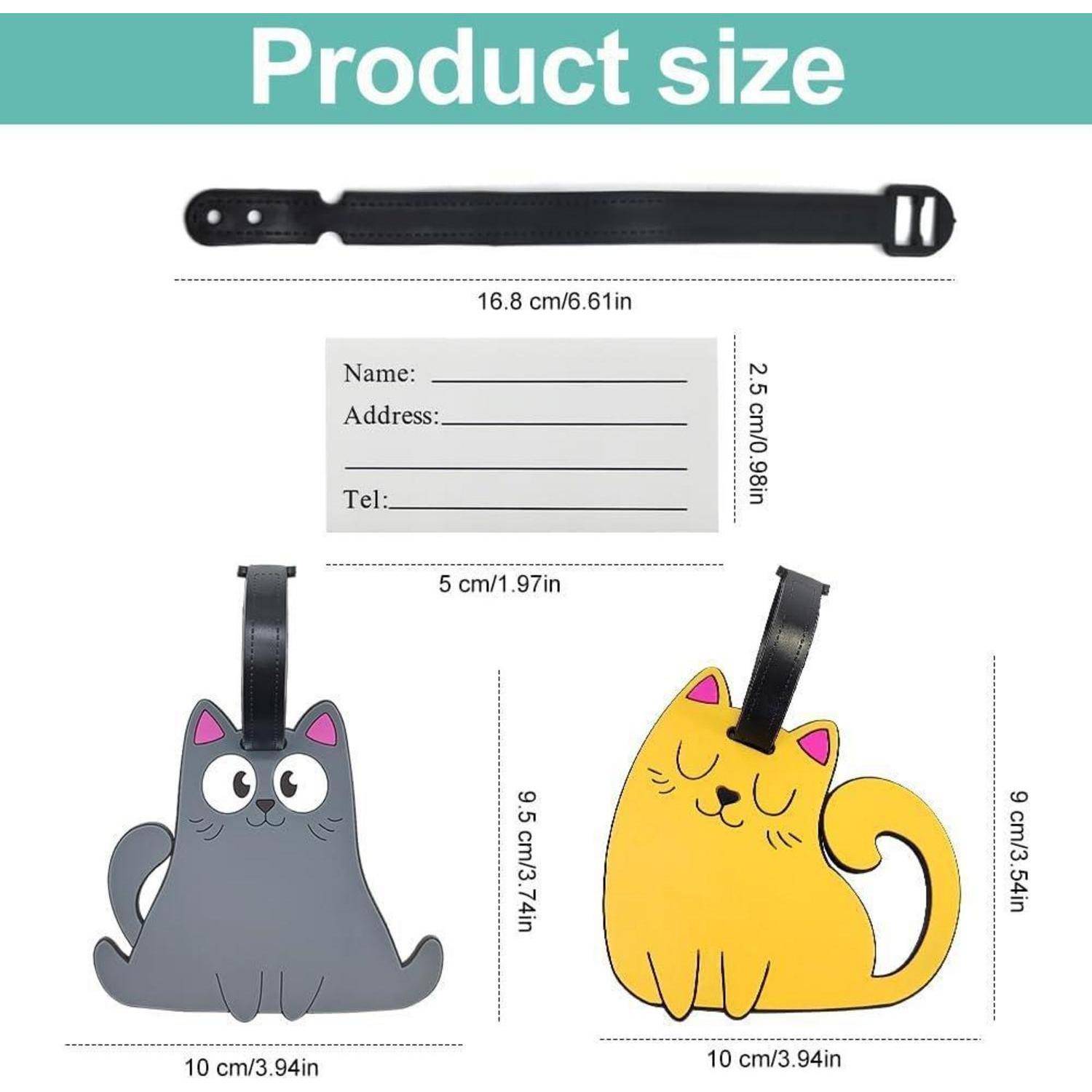 Größentabelle für Produkt mit katzenfarmiger Gepäckmarke und Riemen, mit Abmessungen für den Riemen, die Markeneinsatz und Katzendesigns.
