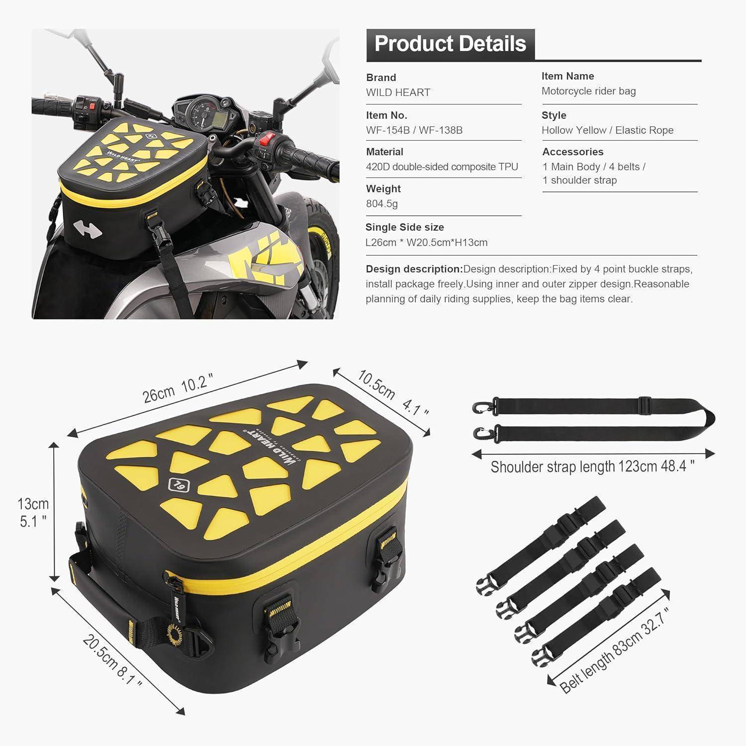 WILD HEART Motorrad-Hecktasche/Tanktasche, Wasserdicht, Multifunktionale Rücksitz-Gepäck-Satteltaschen für Motorräder 6L (Hohles Schwarzgelb)