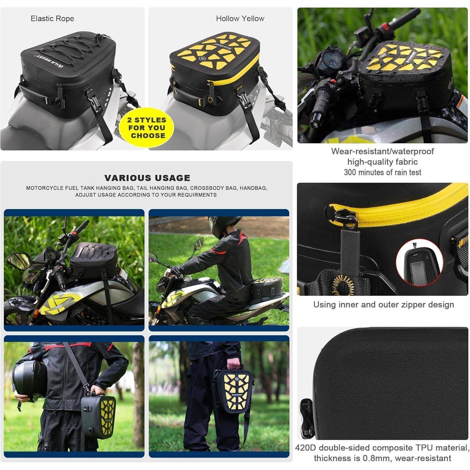 WILD HEART Motorrad-Hecktasche/Tanktasche, Wasserdicht, Multifunktionale Rücksitz-Gepäck-Satteltaschen für Motorräder 6L (Hohles Schwarzgelb)