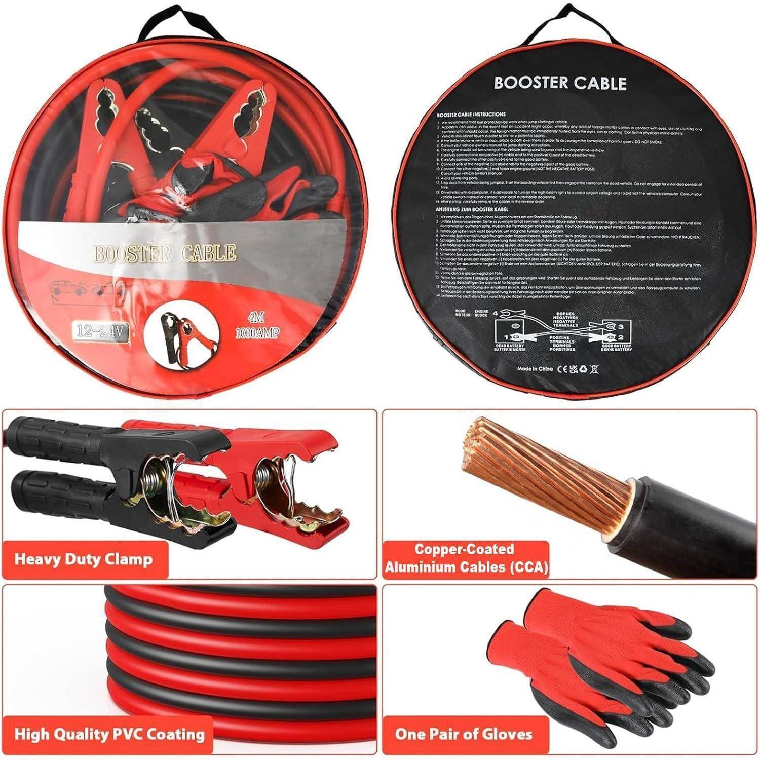 Booster-Kabel-Set mit Transporttasche, Kabelanleitung, robusten Klemmen, kupferbeschichtetem Aluminium-Kabel, PVC-ummantelte Kabel und Handschuhen.