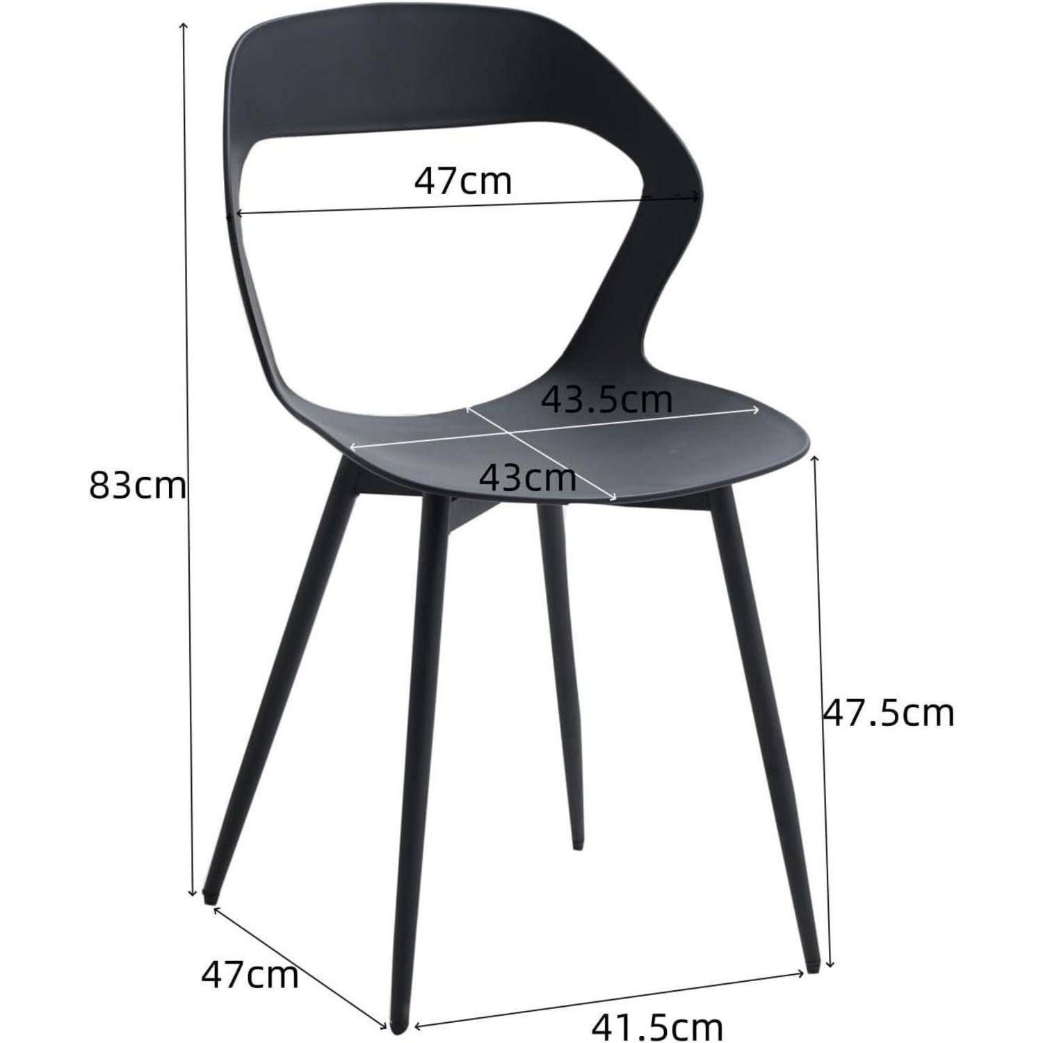 Schwarzer Stuhl mit gekennzeichneten Abmessungen: 83 cm Höhe, 47 cm Rückenbreite, 43,5 cm Sitztiefe, 43 cm Sitzbreite, 47,5 cm Sitzhöhe, 41,5 cm Frontbreite.