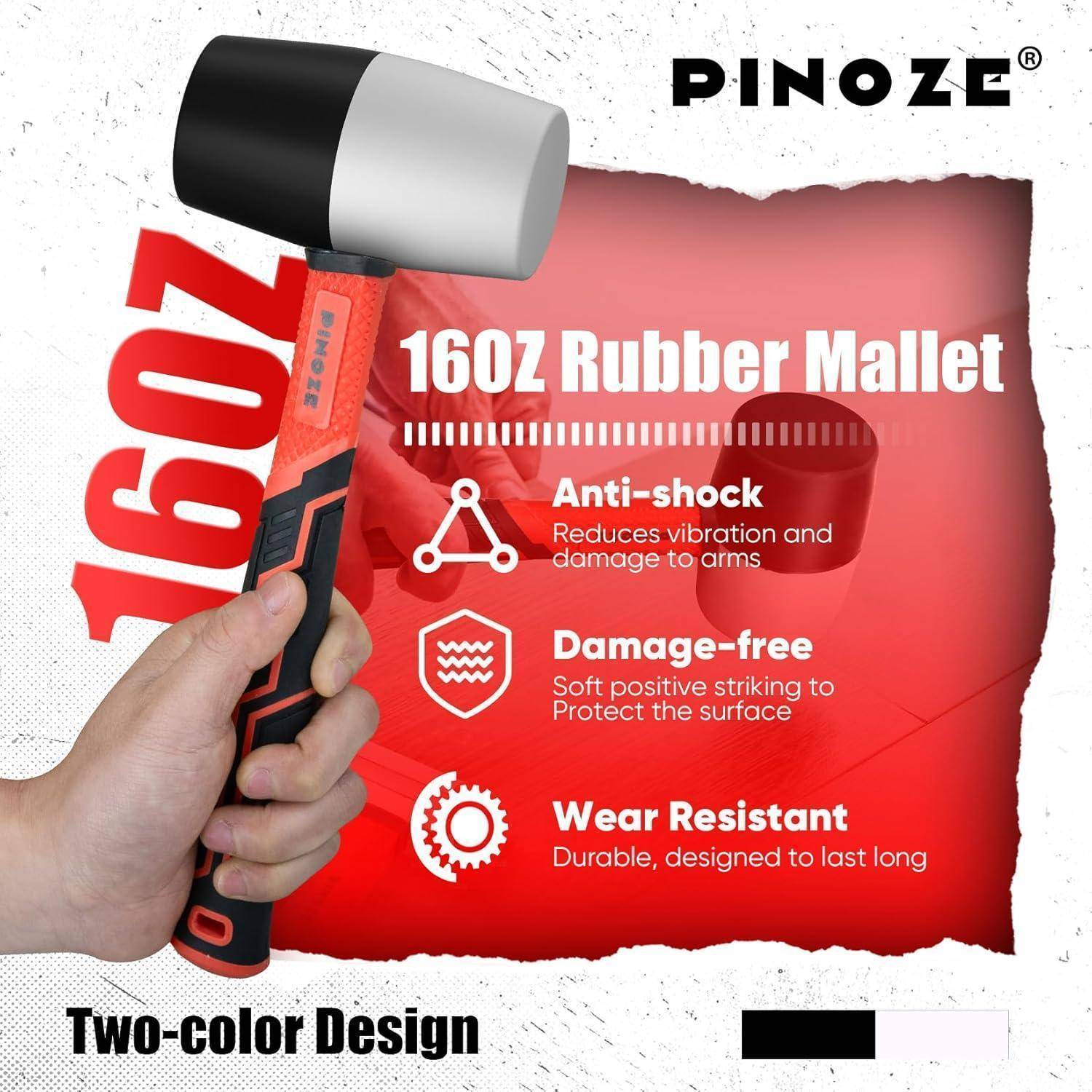 PINOZE 2-teiliges Gummihammer-Set, 450 g, Gummihammer und 35 mm doppelseitiger, weicher Schlägel mit 2 austauschbaren Köpfen, stoßfester Fiberglas-