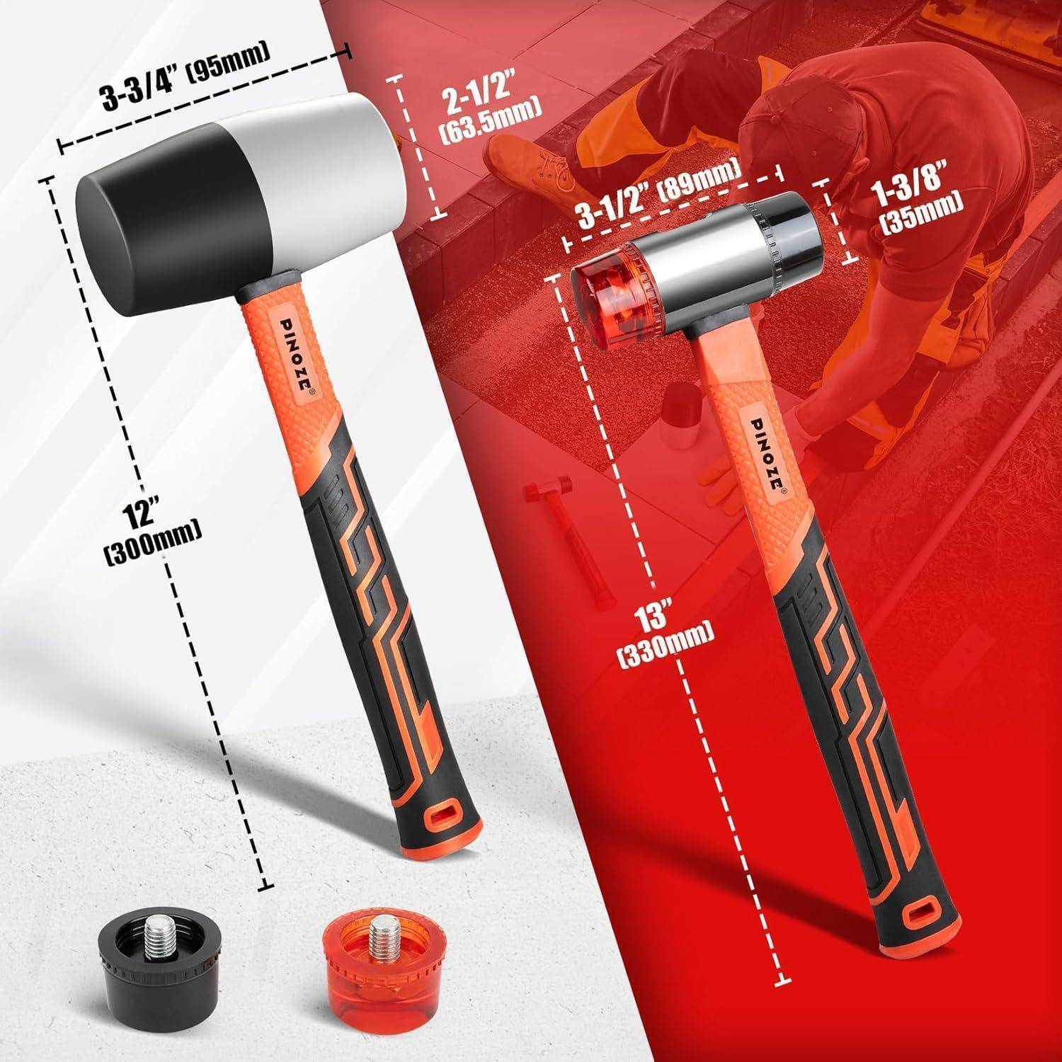 PINOZE 2-teiliges Gummihammer-Set, 450 g, Gummihammer und 35 mm doppelseitiger, weicher Schlägel mit 2 austauschbaren Köpfen, stoßfester Fiberglas-