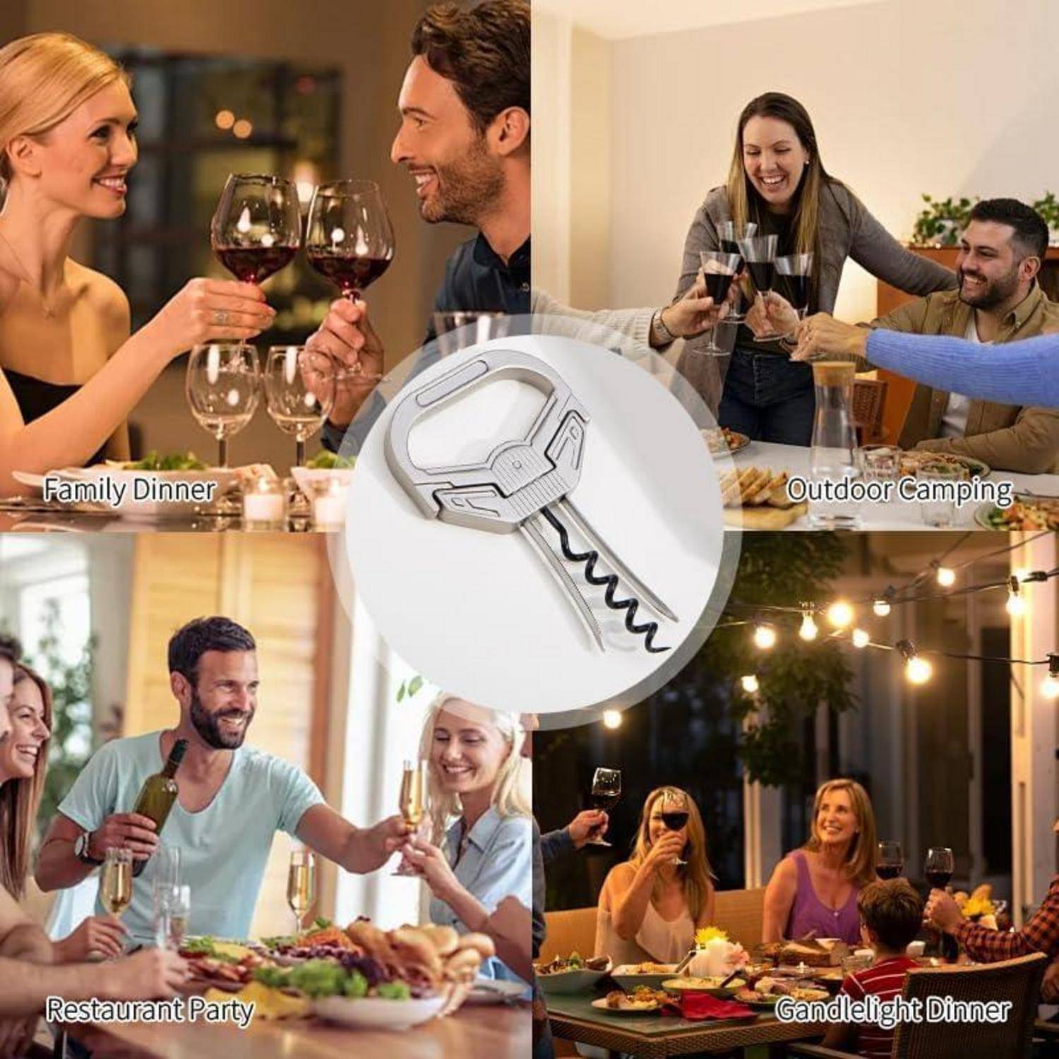 Collage zeigt einen Weinkorkenziher, der bei Familienessen, Outdoor-Camping, Restaurantfeier und Kerzenlicht-Dinner-Szenen verwendet wird.