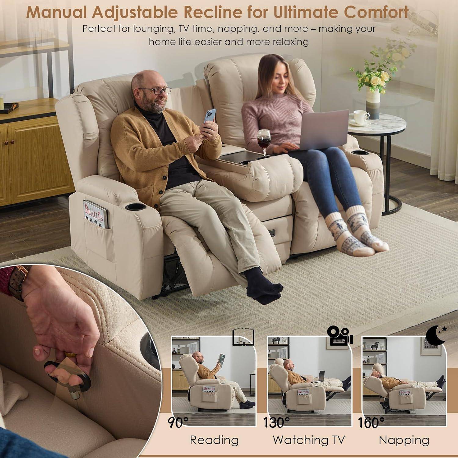 Beige Relaxsessel mit einem Mann, der ein Telefon nutzt, und einer Frau, die einen Laptop bedient; die Vergrößerung zeigt manuelle Verstellwinkel zum Lesen, Fernsehen und Schlafen.