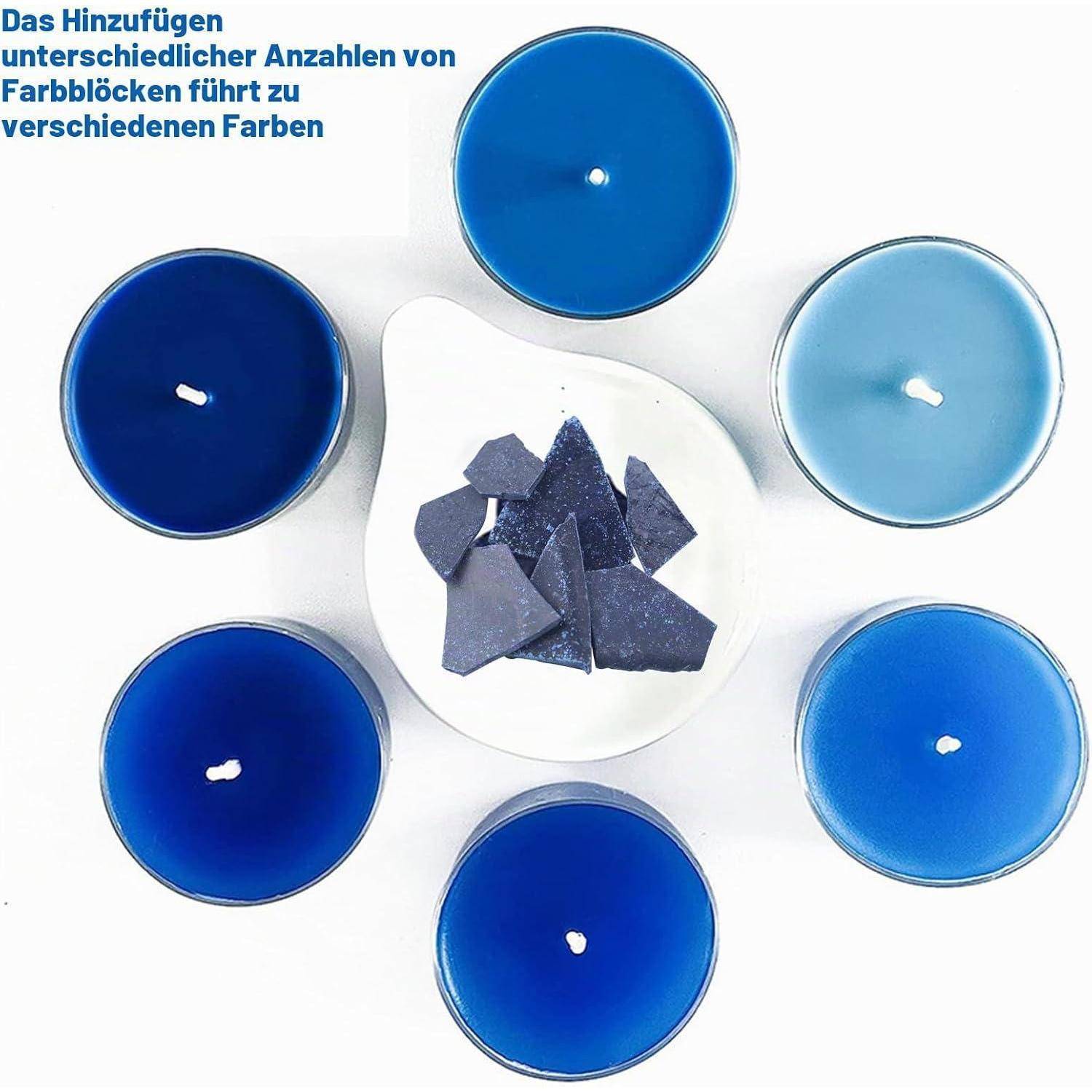 Diagramm, das zeigt, wie unterschiedliche Anzahlen von dunkelblauen Pigmentblöcken unterschiedliche Blautöne in umliegenden Farbdosen erzeugen.