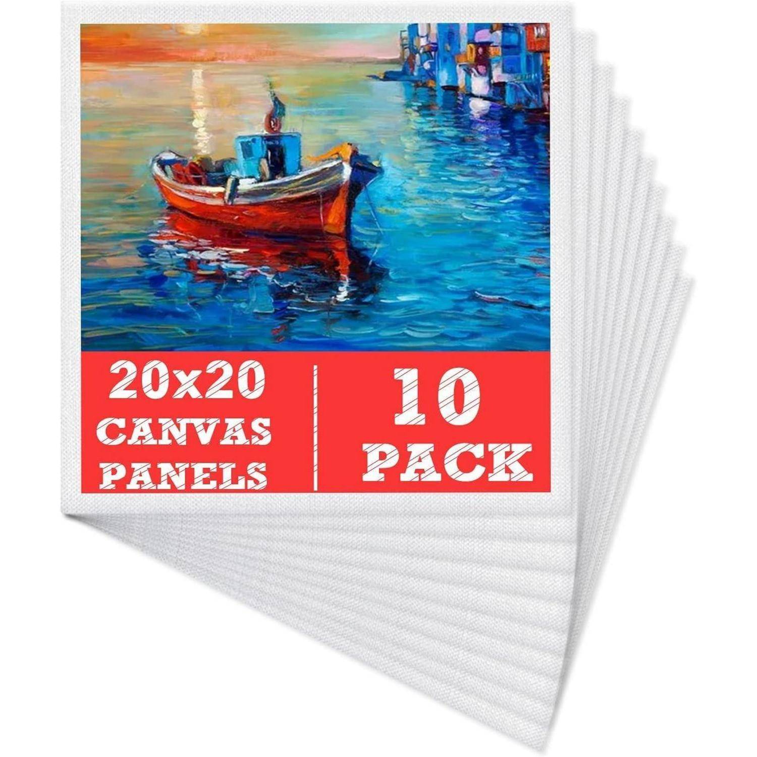 Stapel von 10 Leinwandplatten 20x20 mit Beispielgemälde eines Bootes auf dem Wasser.