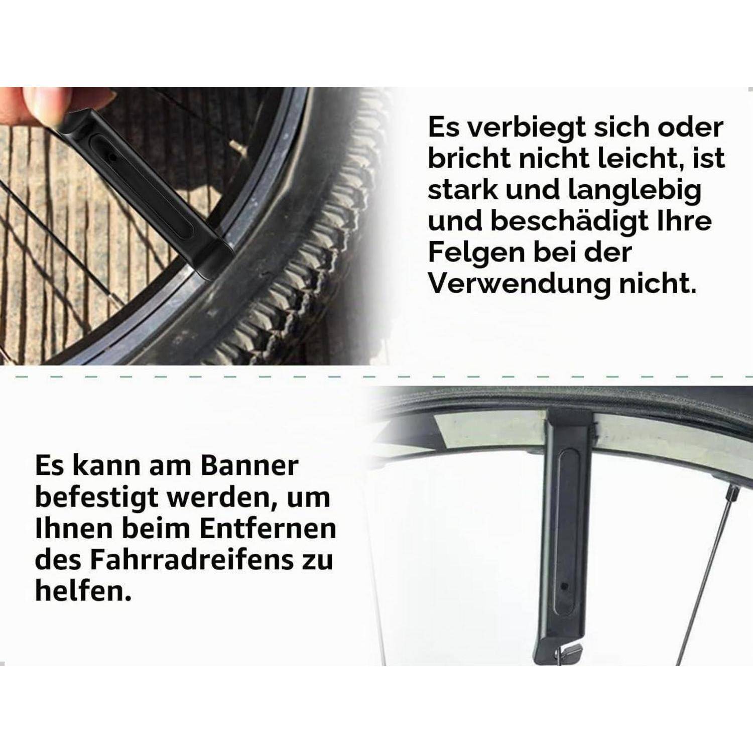 Deutsches Inserat mit einem Reifenheber auf einem Fahrradrad und einem bannergelagerten Werkzeug; der Text besagt, dass es langlebig ist, Felgen nicht beschädigt und beim Entfernen von Fahrradreifen hilft.