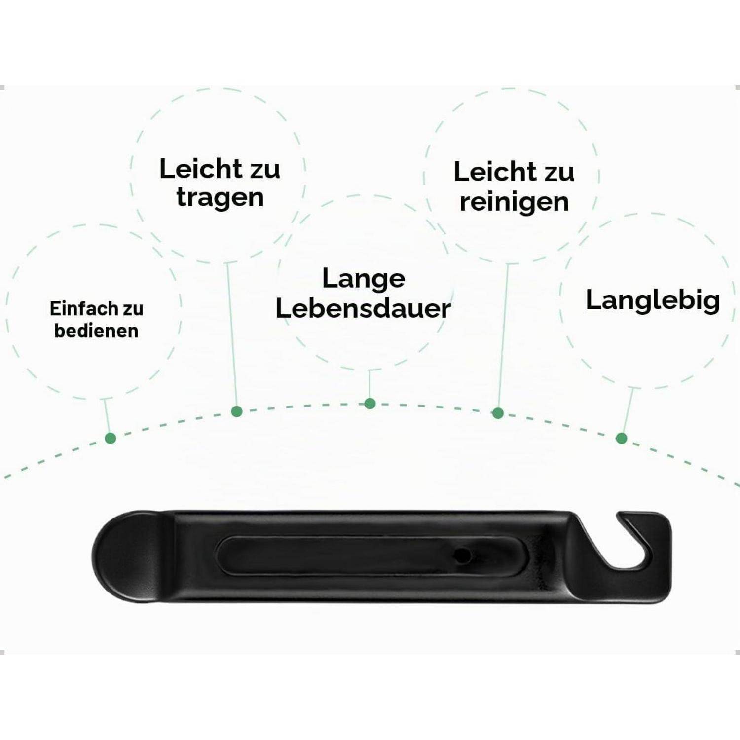 Produktbild eines schwarzen tragbaren Werkzeugs mit beschrifteten Vorteilen auf Deutsch: einfach zu bedienen, leicht zu transportieren, leicht zu reinigen, langlebig und robust.