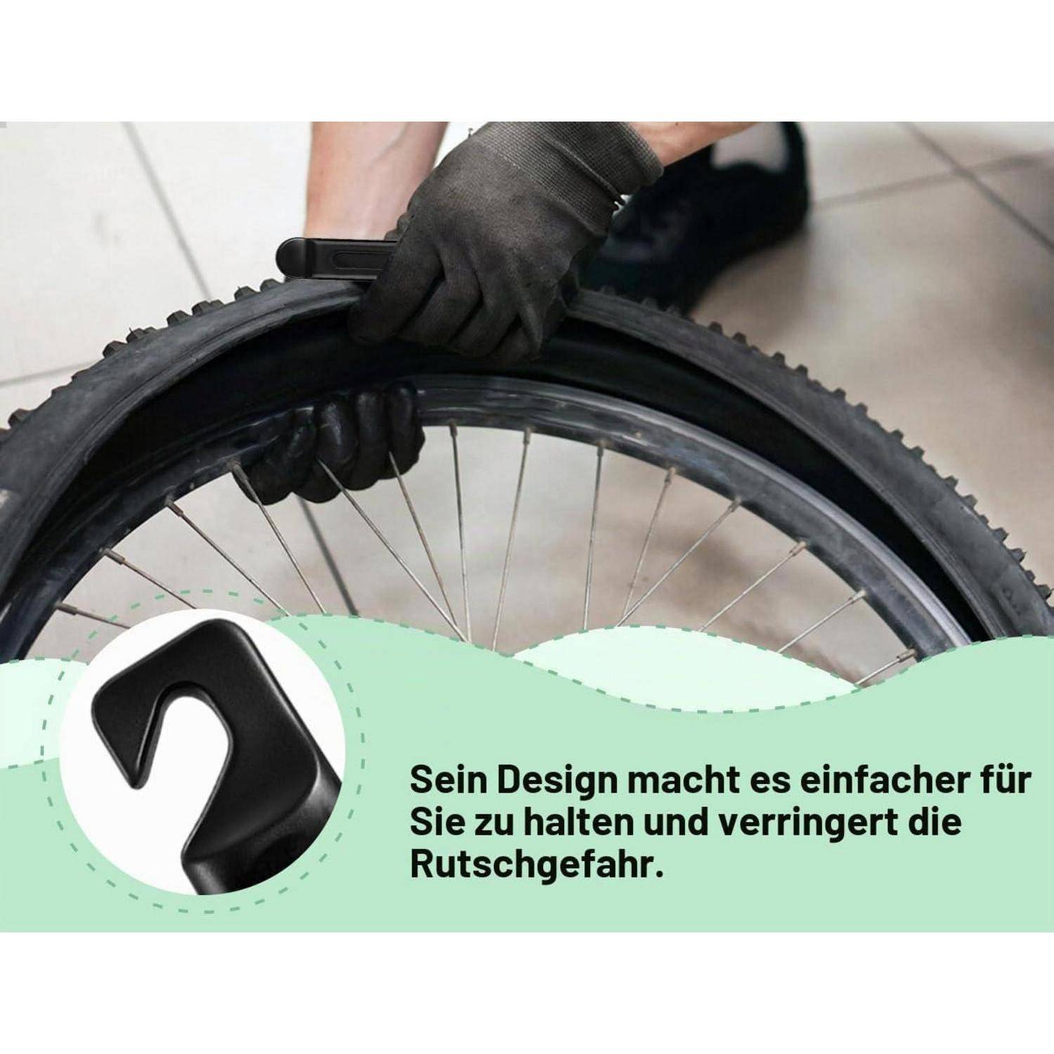 Handschuhe tragen Hände installieren einen Fahrradreifen; die Vergrößerung zeigt einen schwarzen Reifenheber mit deutschem Text: „Sein Design macht es einfacher für Sie zu halten und verringert die Rutschgefahr."