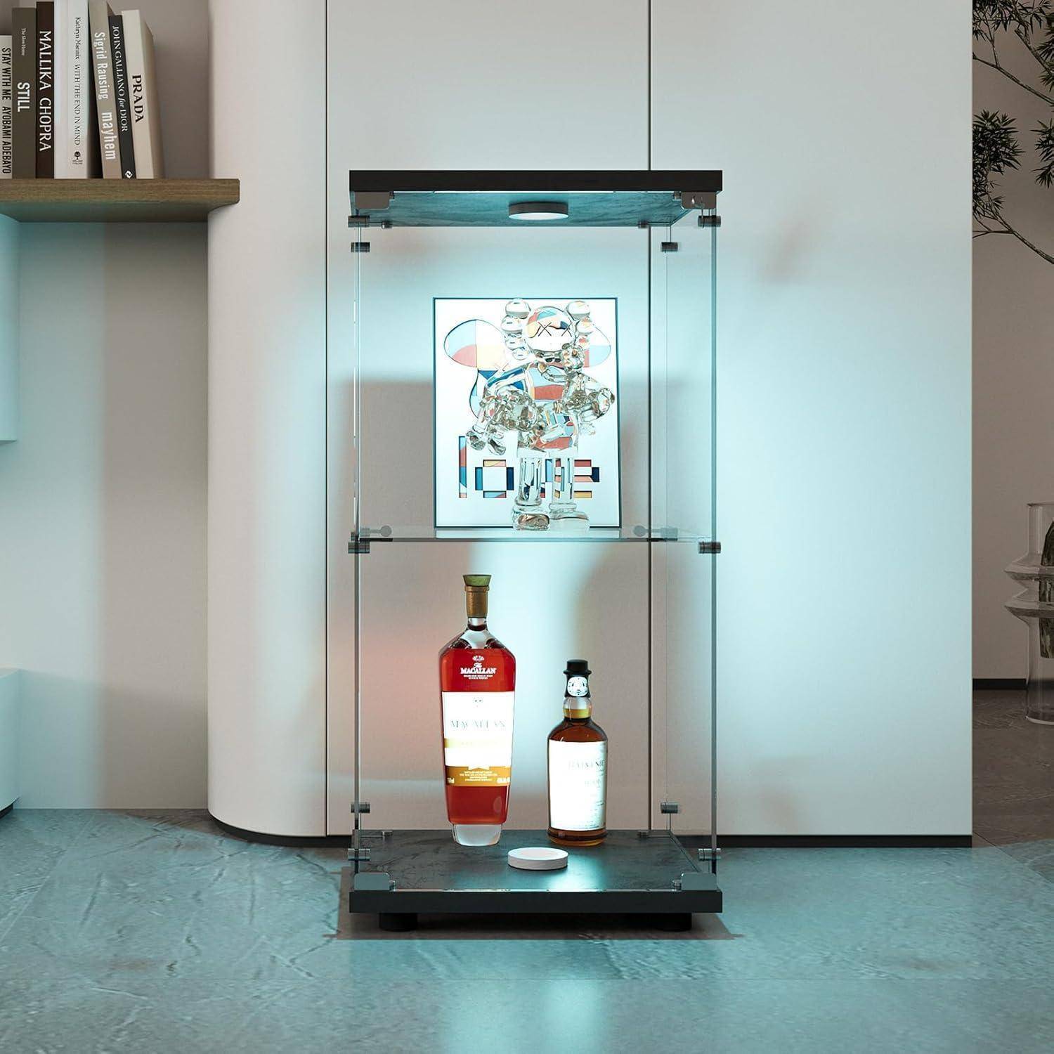 Glasvitrine Stehend, Vitrinenschrank mit LED Beleuchtung und Glastüren,2-Lagen Glasvitrine Staubdicht mit 1 Tür, Standvitrine Glasschrank für Wohnz