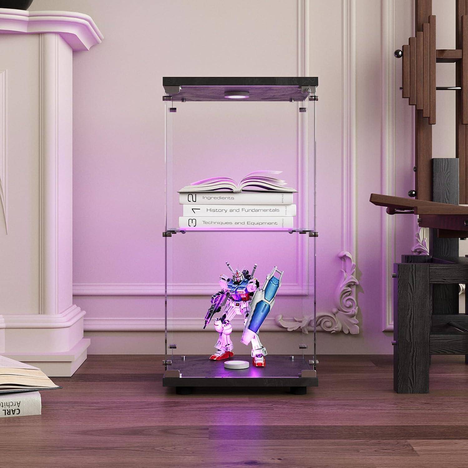 Glasvitrine Stehend, Vitrinenschrank mit LED Beleuchtung und Glastüren,2-Lagen Glasvitrine Staubdicht mit 1 Tür, Standvitrine Glasschrank für Wohnz