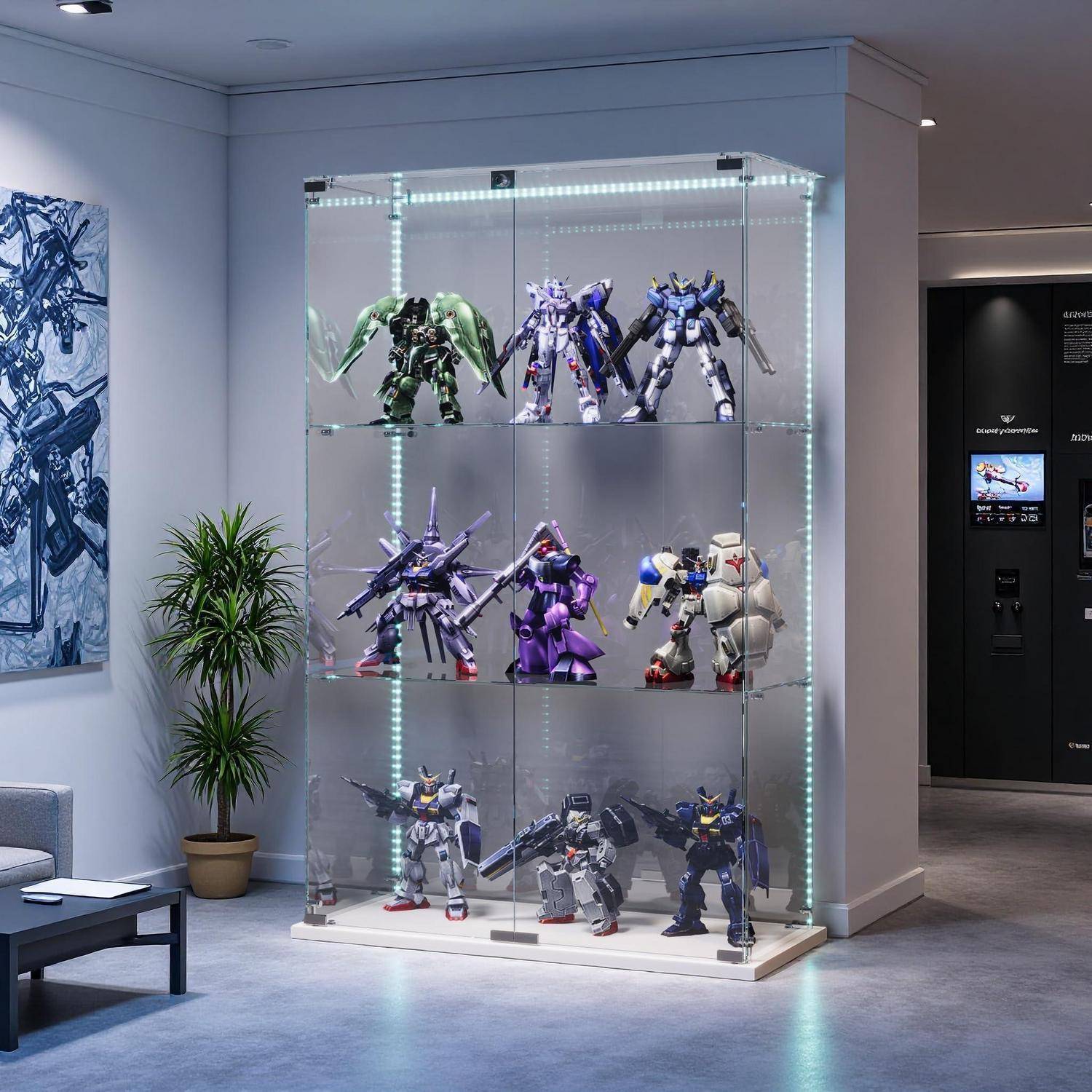 Vitrine aus Glas mit LED, Glasvitrine Standvitrine mit 2 Türen und 3 Etagen, Vitrinenschrank Stehend für Wohnzimmer Büro Sammlerstücke Bücher Wei