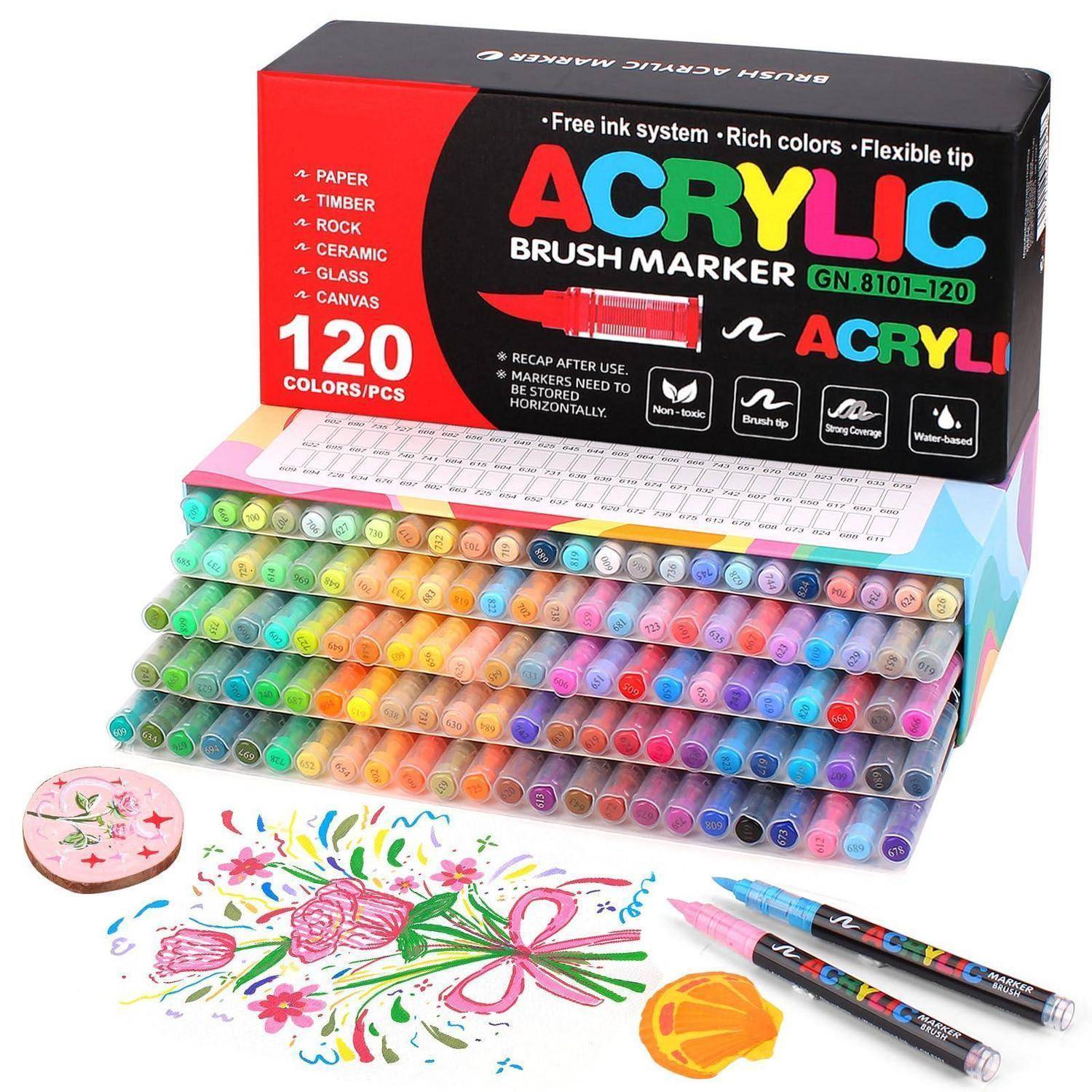 Anzeige von 120 Acryl-Pinselmarkern in einem Regenbogenständer mit farbenfrohen Blütenkunstwerken als Muster und einigen losen Markern auf weißem Hintergrund.