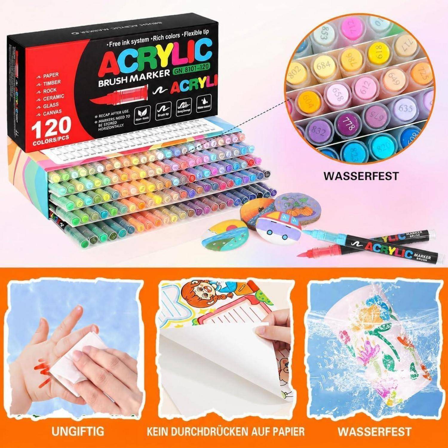Werbebild von ACRYL-Pinselmarkern, 120 Farben, zeigt Farbpalette und wasserfeste, ungiftige, bleedingfreie Leistung auf Papier.