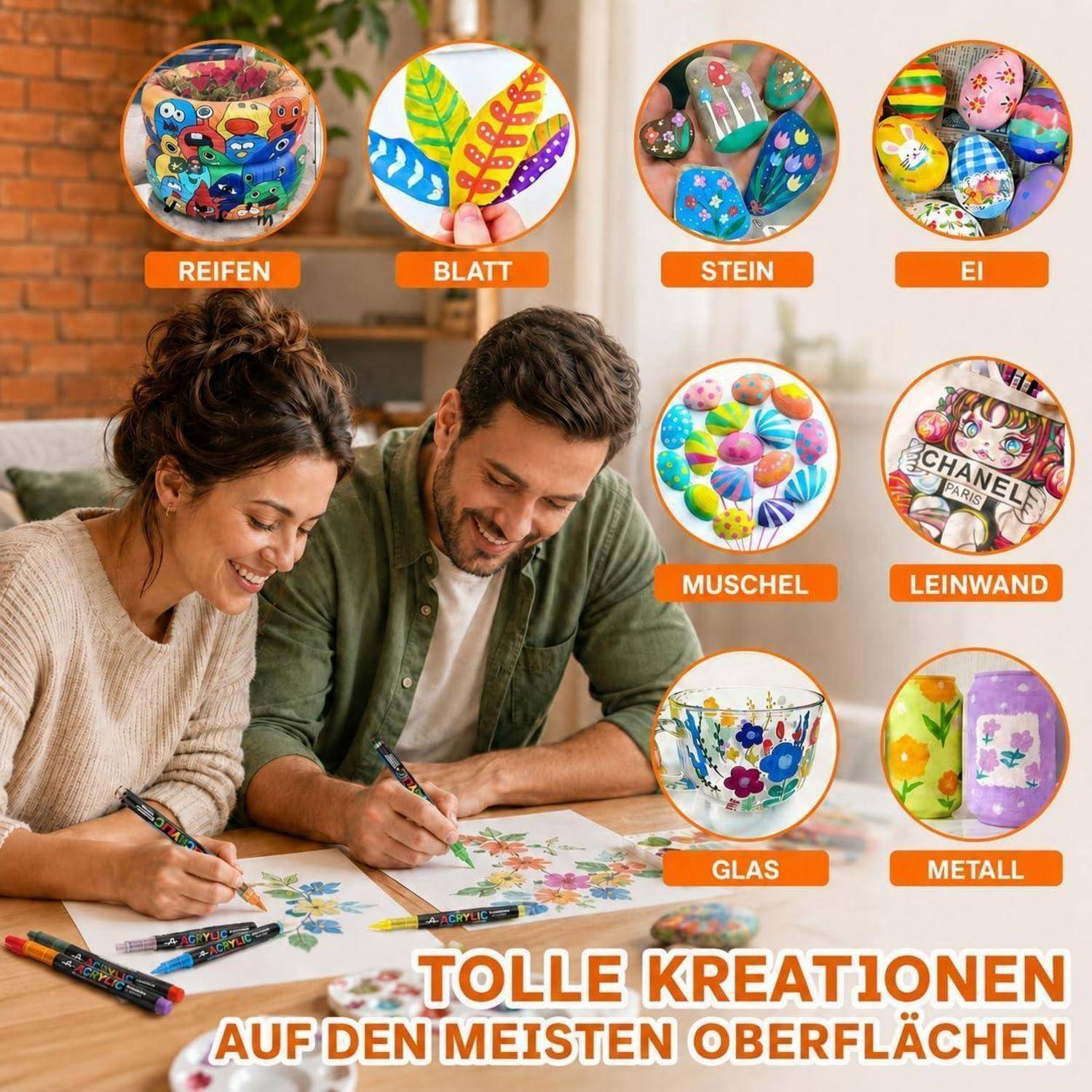 Zwei Personen malen bunte Muster auf Tellern an einem Tisch; Beschriftungen zeigen bemalte Oberflächen: Reifen, Blatt, Stein, Ei, Muschel, Leinwand, Glas, Metall.