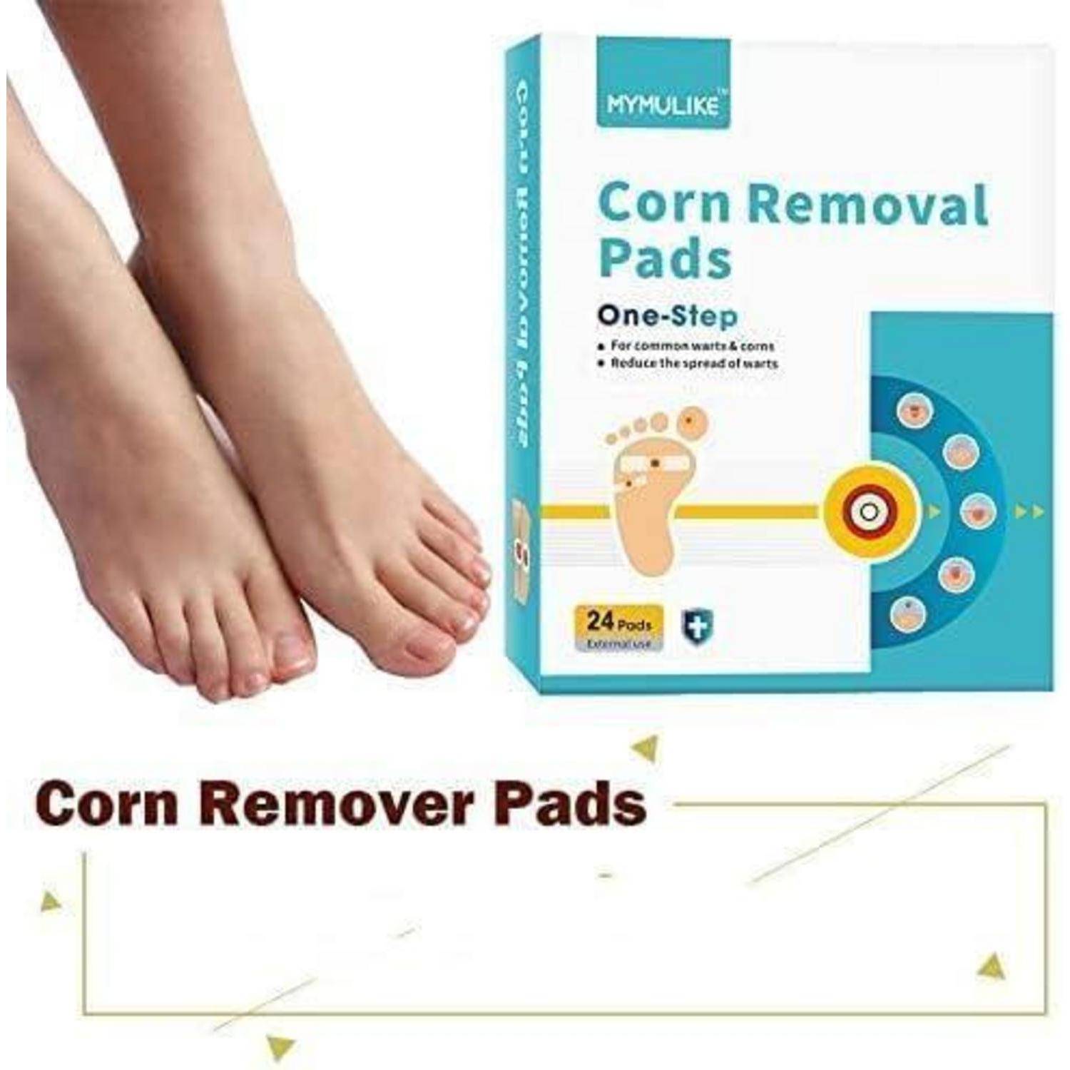 Produktbild einer Packung „Mais-Entfernungs-Pads" neben einem Paar Füße, zeigt Einschritt-Pads zur Behandlung von Mais und Warzen; 24 Pads.