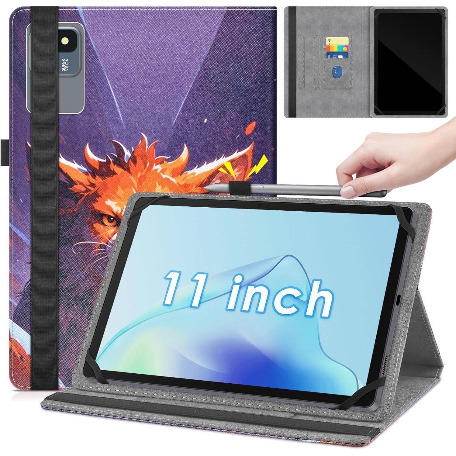 11-Zoll-Tablet in einem grauen Folio-Case mit Handschlaufe und Ständer, geöffnet und geschlossen dargestellt, mit einer Hand, die es trägt.