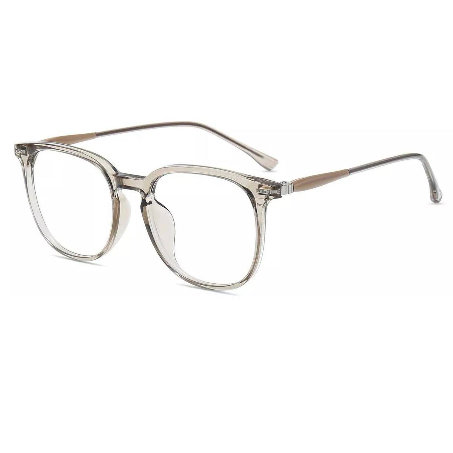Durchscheinende grau getönte Brille mit klaren Gläsern und dünnen Metallbügeln auf weißem Hintergrund.