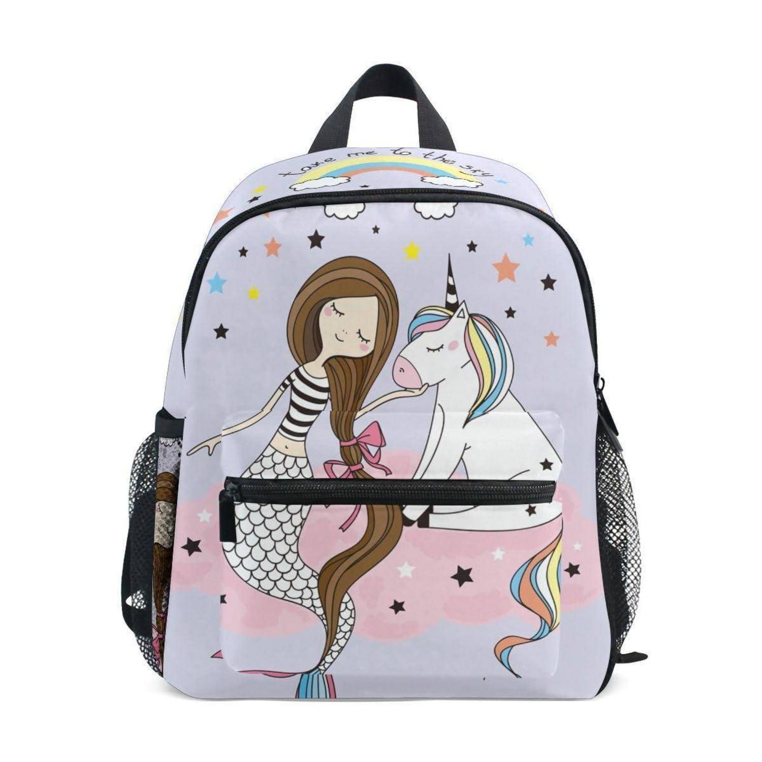 Lavendelrucksack mit Meerjungfrau- und Einhornmotiv, vordere Reißverschlusstasche, schwarze seitliche Netztaschen und Tragegriff oben.