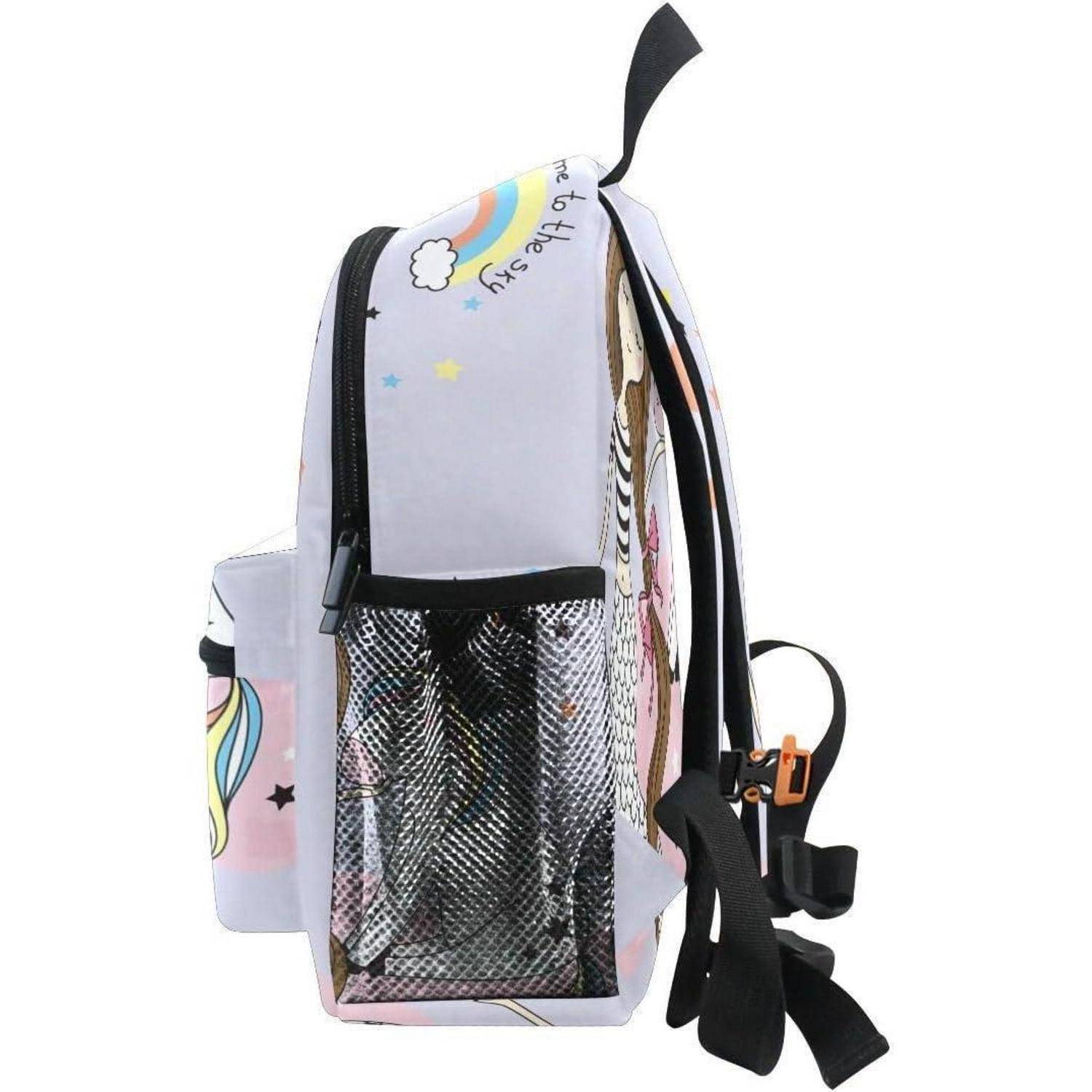 Weißer Rucksack mit Regenbogen- und Sternendruck, seitliche Netztasche, Reißverschluss und schwarze verstellbare Träger auf einfachem Hintergrund.