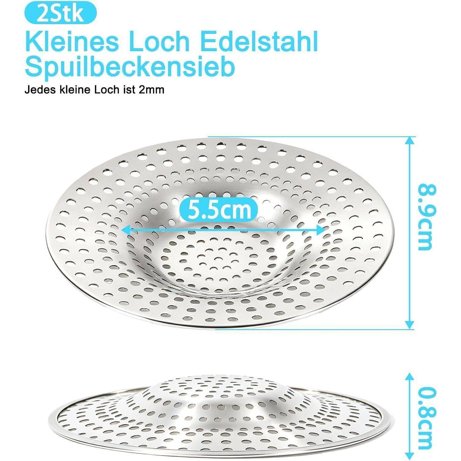 Illustration eines 2er-Set Edelstahl-Spülbeckensieb mit vielen kleinen Löchern, mit einem Durchmesser von 8,9 cm, einer Mittelbandbreite von 5,5 cm und einer Höhe von 0,8 cm.