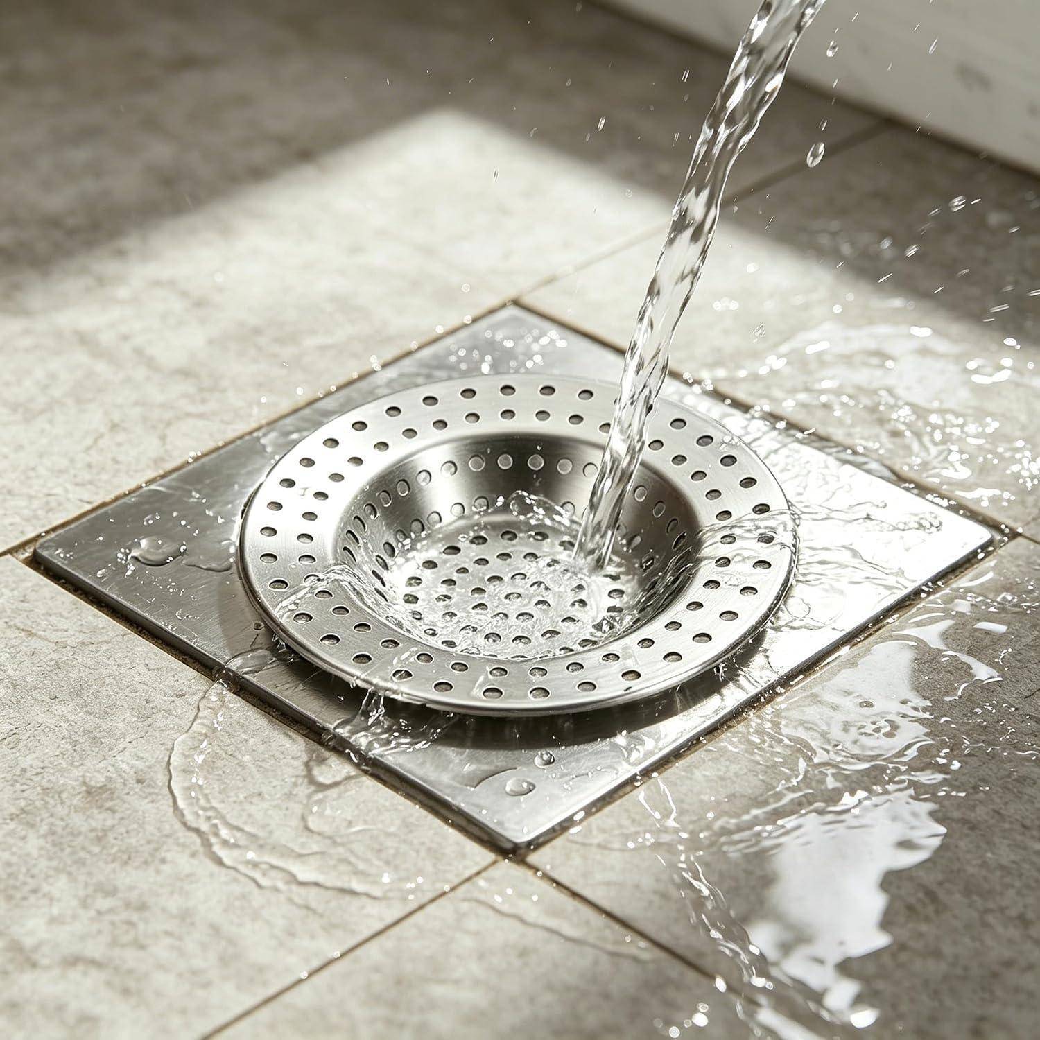 Wasser, das in einen Edelstahlbodenablauf auf gefliesten Böden fließt, mit Wasser, das sich ansammelt und über die Oberfläche fließt.