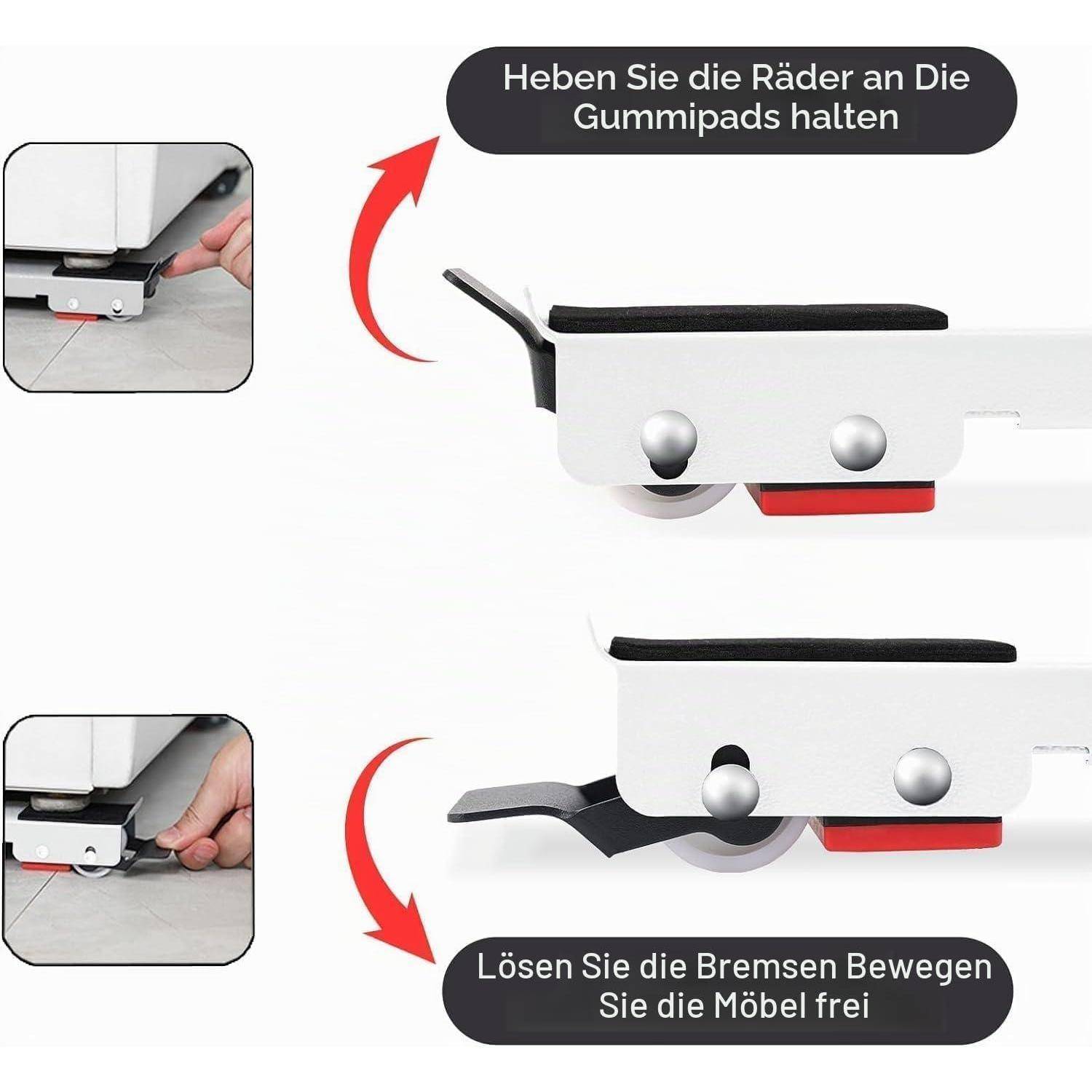 Instruktionsgrafik, die einen Möbeltransportwagen mit Bremsen zeigt: Zunächst die Räder auf die Gummiauflagen heben, um ihn zu sperren, dann die Bremsen lösen, um Möbel frei zu bewegen.