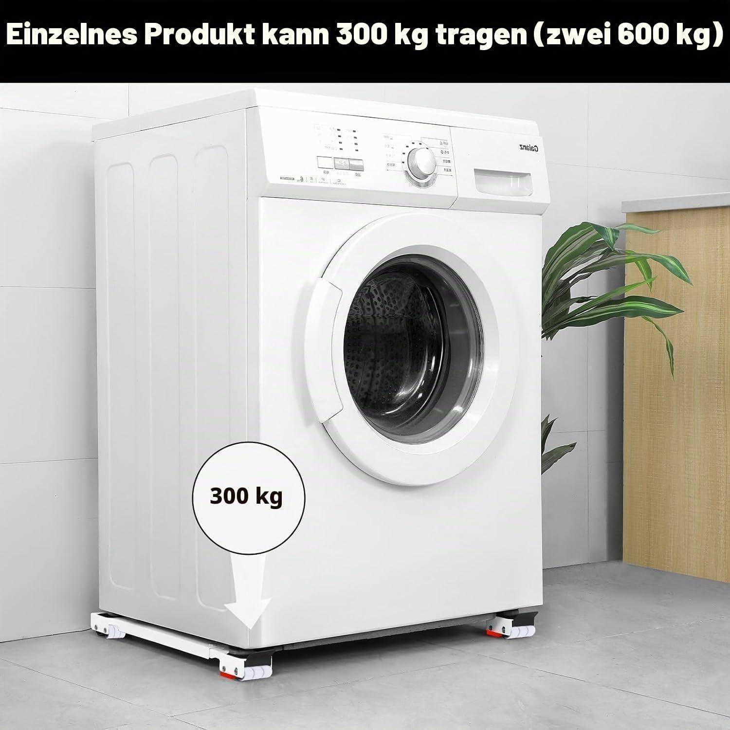 Weiße Waschmaschine auf einem fahrbaren Rollwagen mit Etikett „300 kg