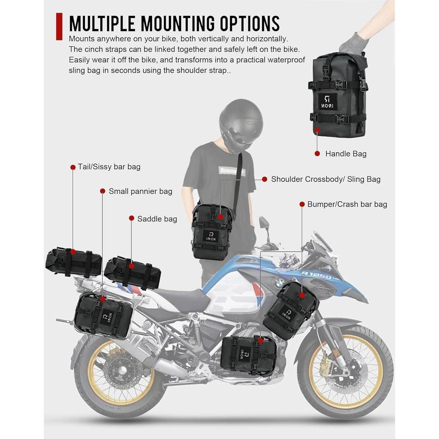 Infografik eines Fahrraddash-Montagersystems, das eine Tasche als Heckteil/Sissy-Bar, Seitentasche, Sattel, Schultergurt, Griff und Stoßfänger-/Absturztasche an einem Motorrad zeigt.