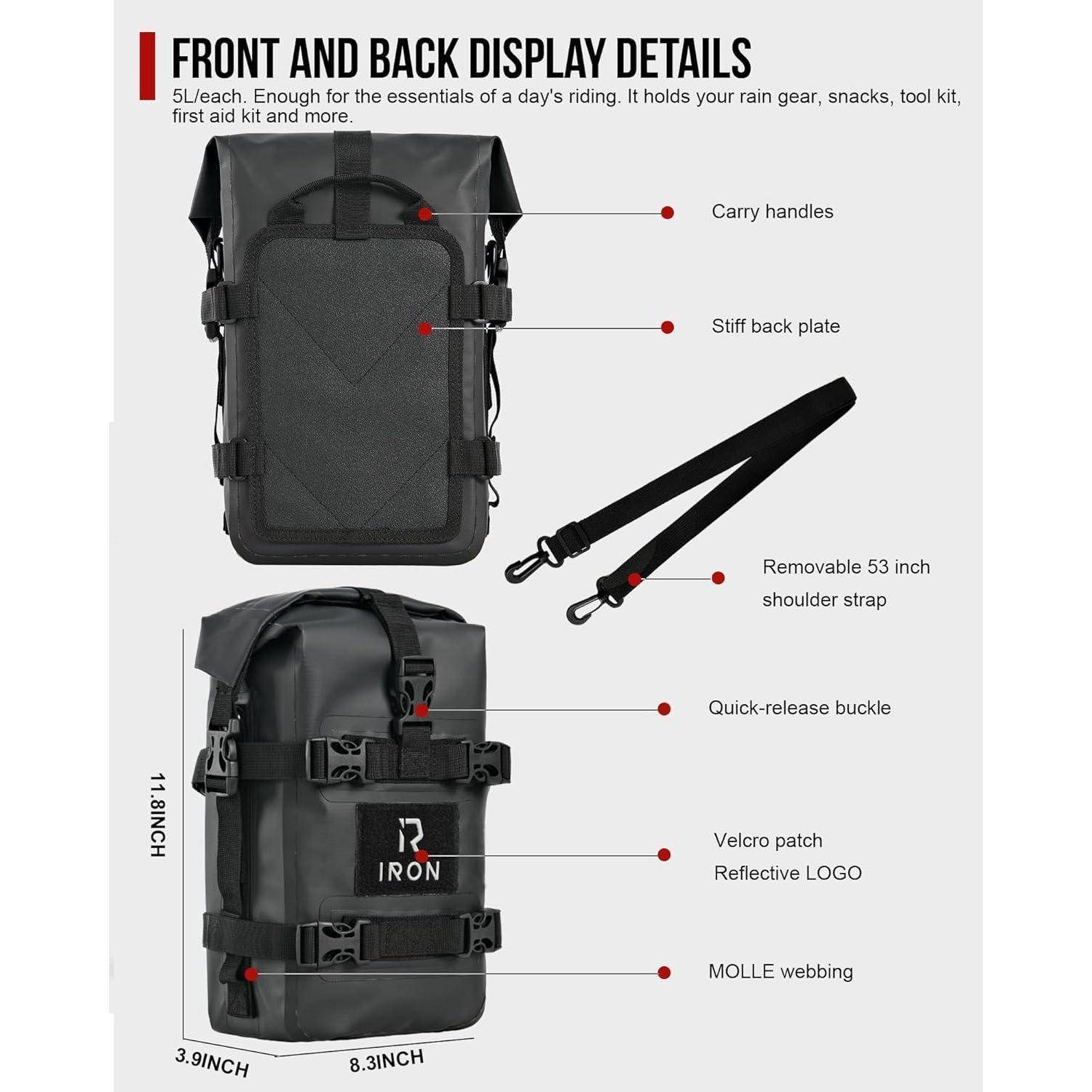 Kommentiertes Produktbild eines grauen Rucksacks mit Front- und Rückansicht-Details: Tragegriffe, steife Rückenplatte, abnehmbarer 53-Zoll-Schultergurt, Schnellverschlusschnalle, Klettverschlusspatch, reflektierendes Logo und MOLLE-Webbing.
