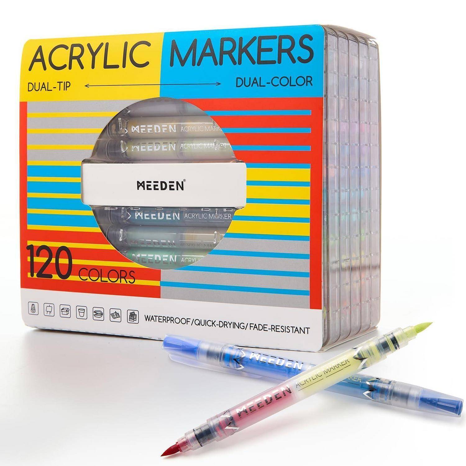 MEEDEN Doppelspitzen Acrylstifte: 120 Farben/60 Stifte Acrylmarker | Pinselspitze mit automatischer Farbkontrolle für Kunstbedarf