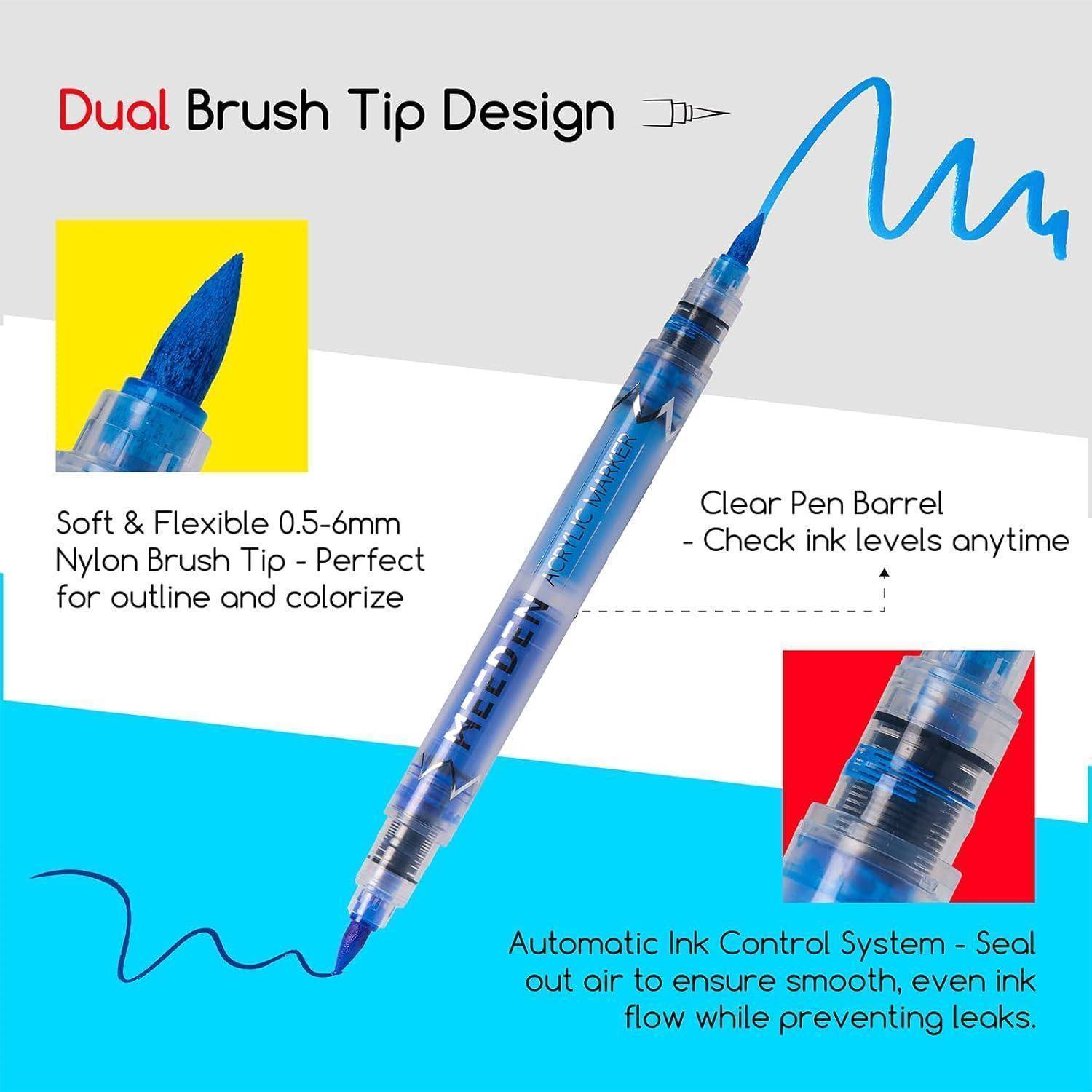 Anzeige für einen Doppelspitzenstift mit durchsichtigem Schaft, weicher flexibler 0,5-6-mm-Nylonpinselspitze und automatischem Tintenregelsystem für weiches, auslaufsicheres Schreiben.