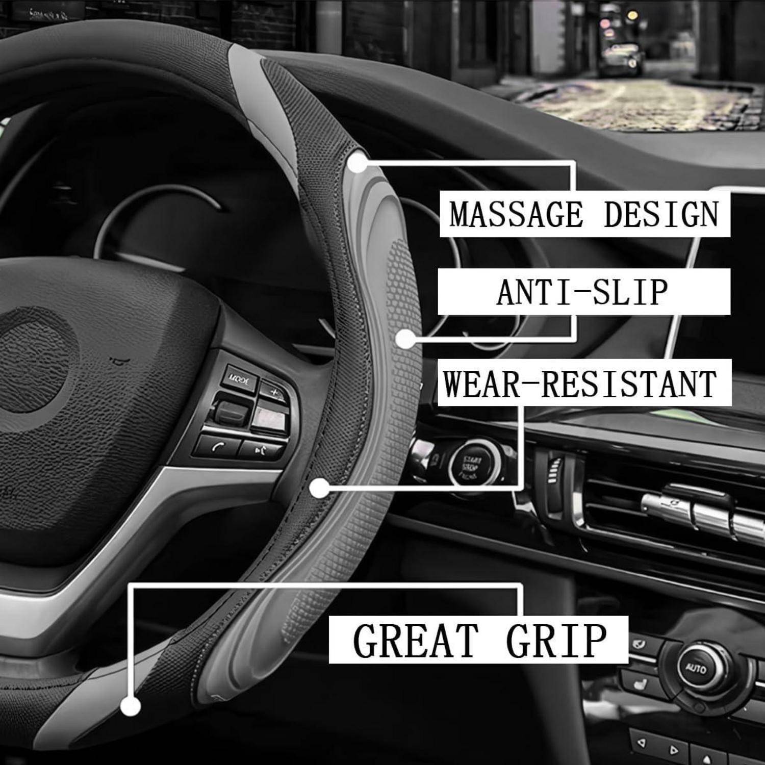 Lenkradabdeckung im Autoinnenraum mit beschrifteten Merkmalen: „MASSAGEDESIGN", „RUTSCHFEST"", „VERSCHLEISSFEST"" und „HERVORRAGENDER HALT"".
