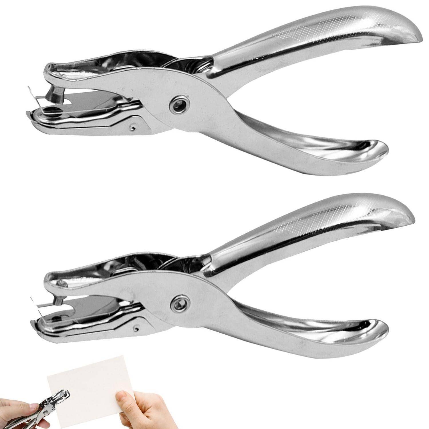 Zwei silberne Metall-Locher mit Zangen, gezeigt auf weißem Hintergrund, mit einem kleinen Beispiel zum Lochen einer Karte oder eines Papiers unten links.